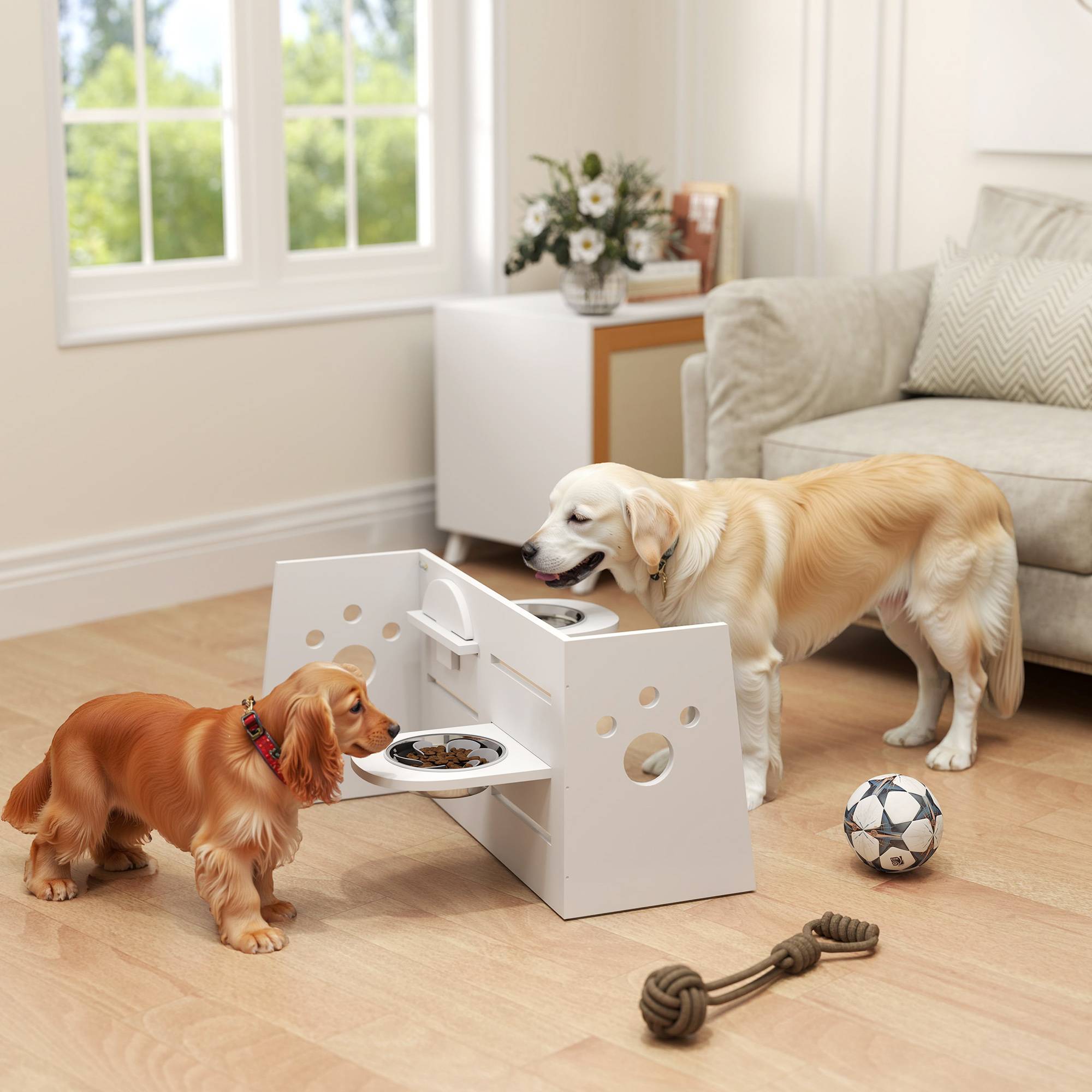Sans Marque - Gamelle double surélevée chiens hauteur réglable et alimentation lente 63x58,5x40 cm blanche - Image 3