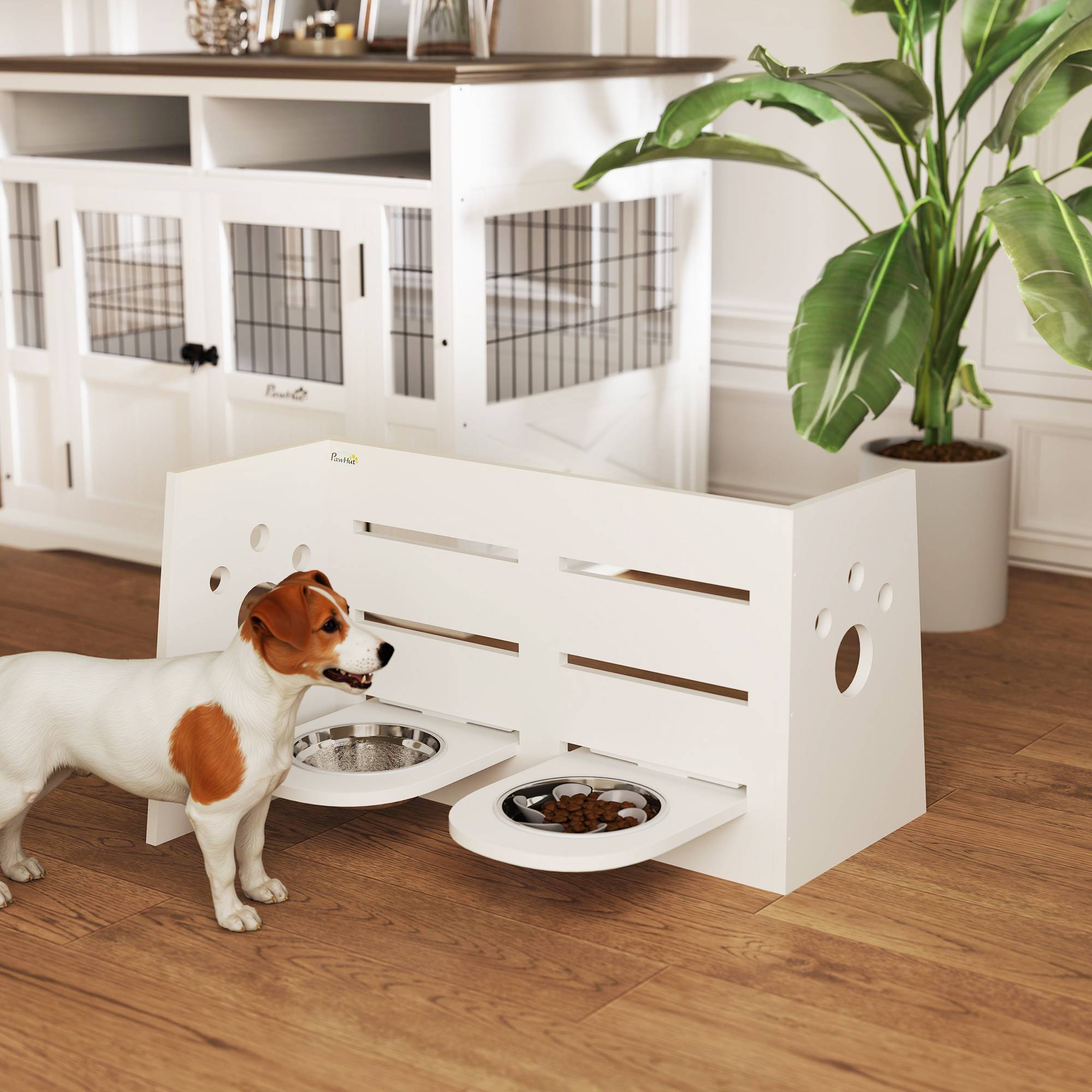 Sans Marque - Gamelle double surélevée chiens hauteur réglable et alimentation lente 63x58,5x40 cm blanche - Image 4