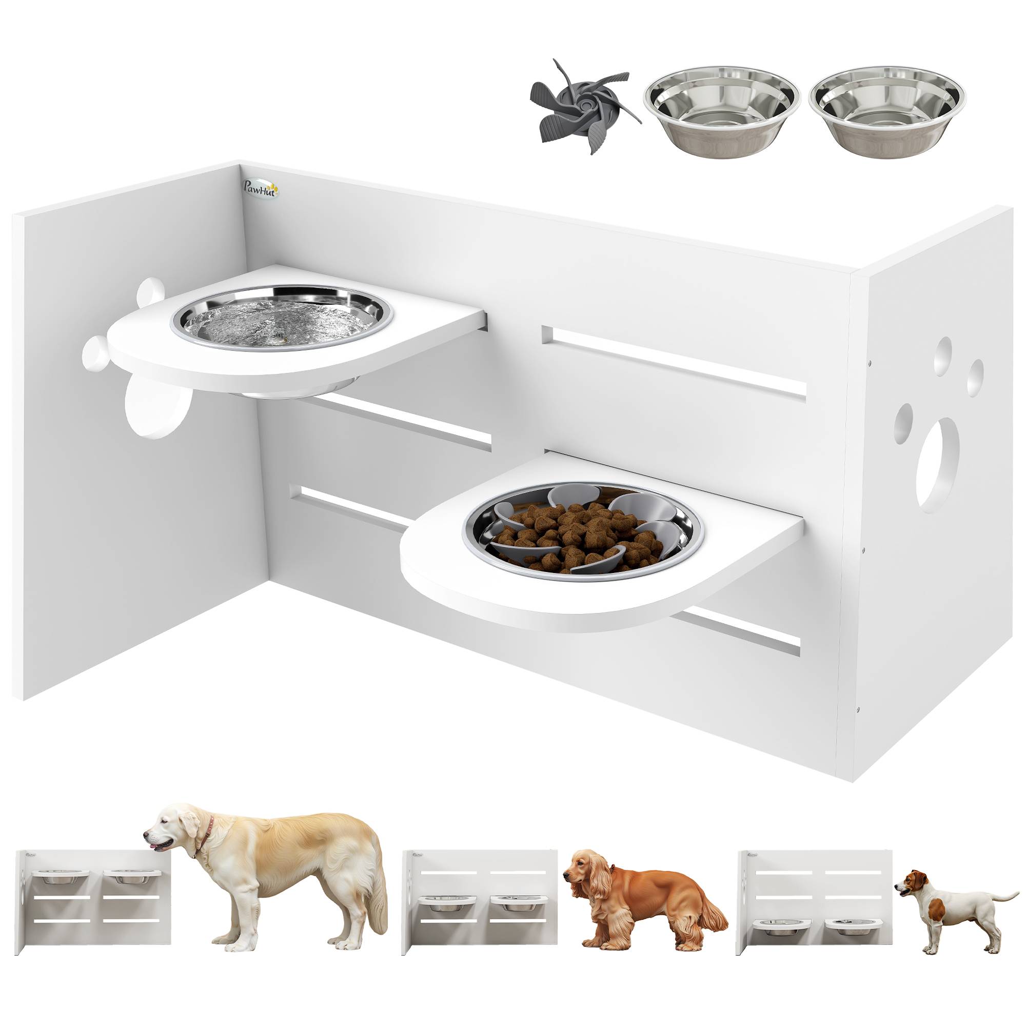 Sans Marque - Gamelle double surélevée chiens hauteur réglable et alimentation lente 63x58,5x40 cm blanche