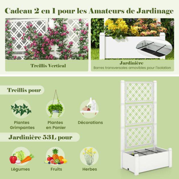 Helloshop26 - Jardinière avec treillis à 3 hauteurs à arrosage automatique lit de jardin surélevé avec indicateur de niveau d'eau blanc et gris - Imagen 3