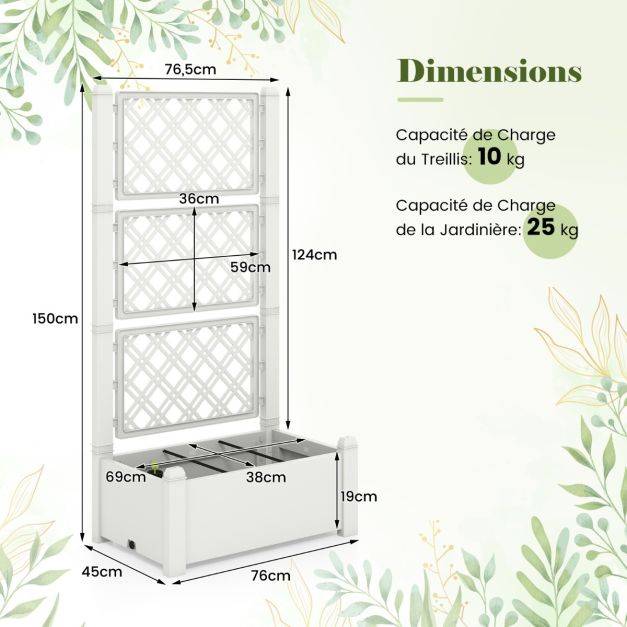 Helloshop26 - Jardinière avec treillis à 3 hauteurs à arrosage automatique lit de jardin surélevé avec indicateur de niveau d'eau blanc et gris - Imagen 5