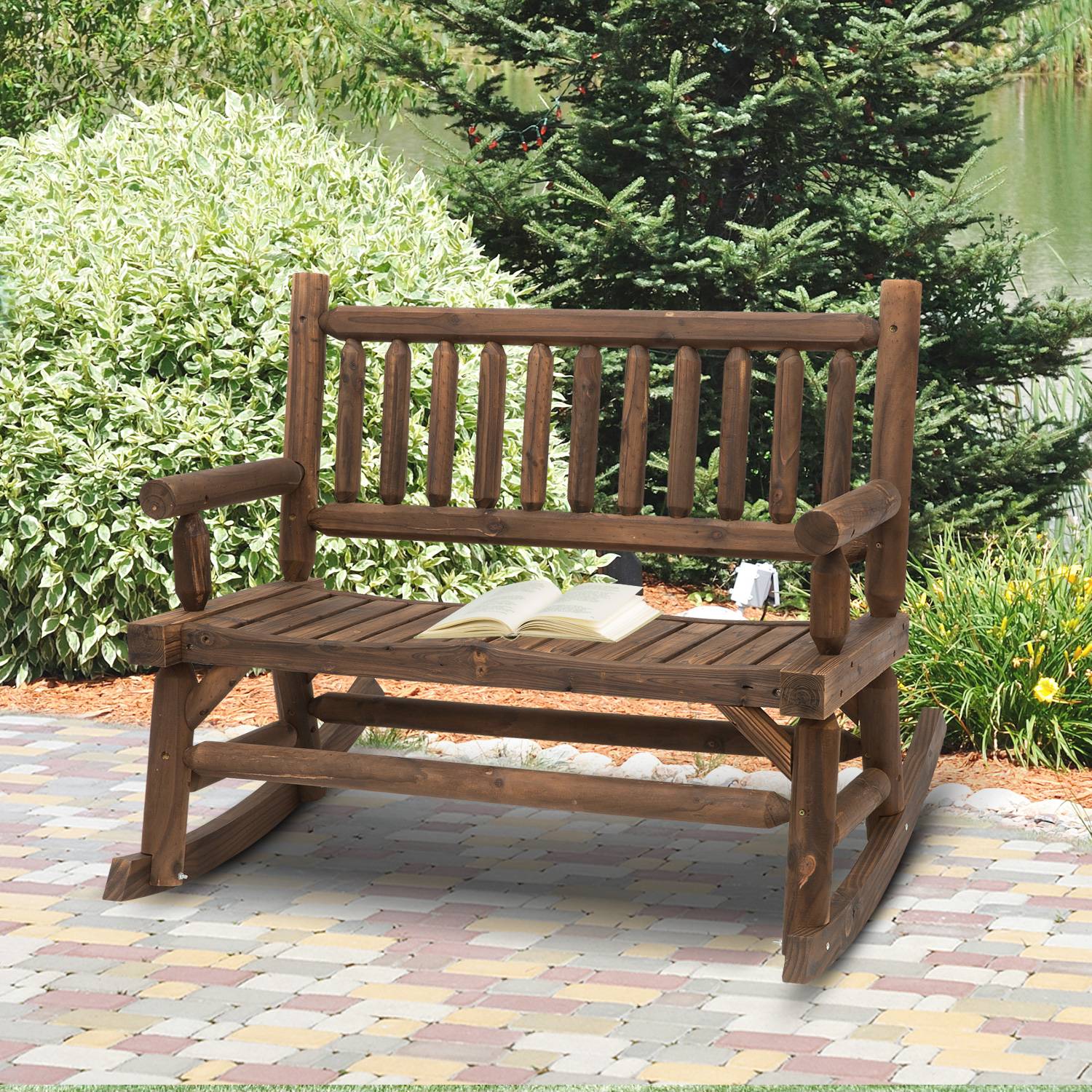 Outsunny - Banc à bascule de jardin 2 places style rural chic dossier accoudoirs aspect rondins de bois assise à lattes sapin traité carbonisation - Outsunny - Imagen 2