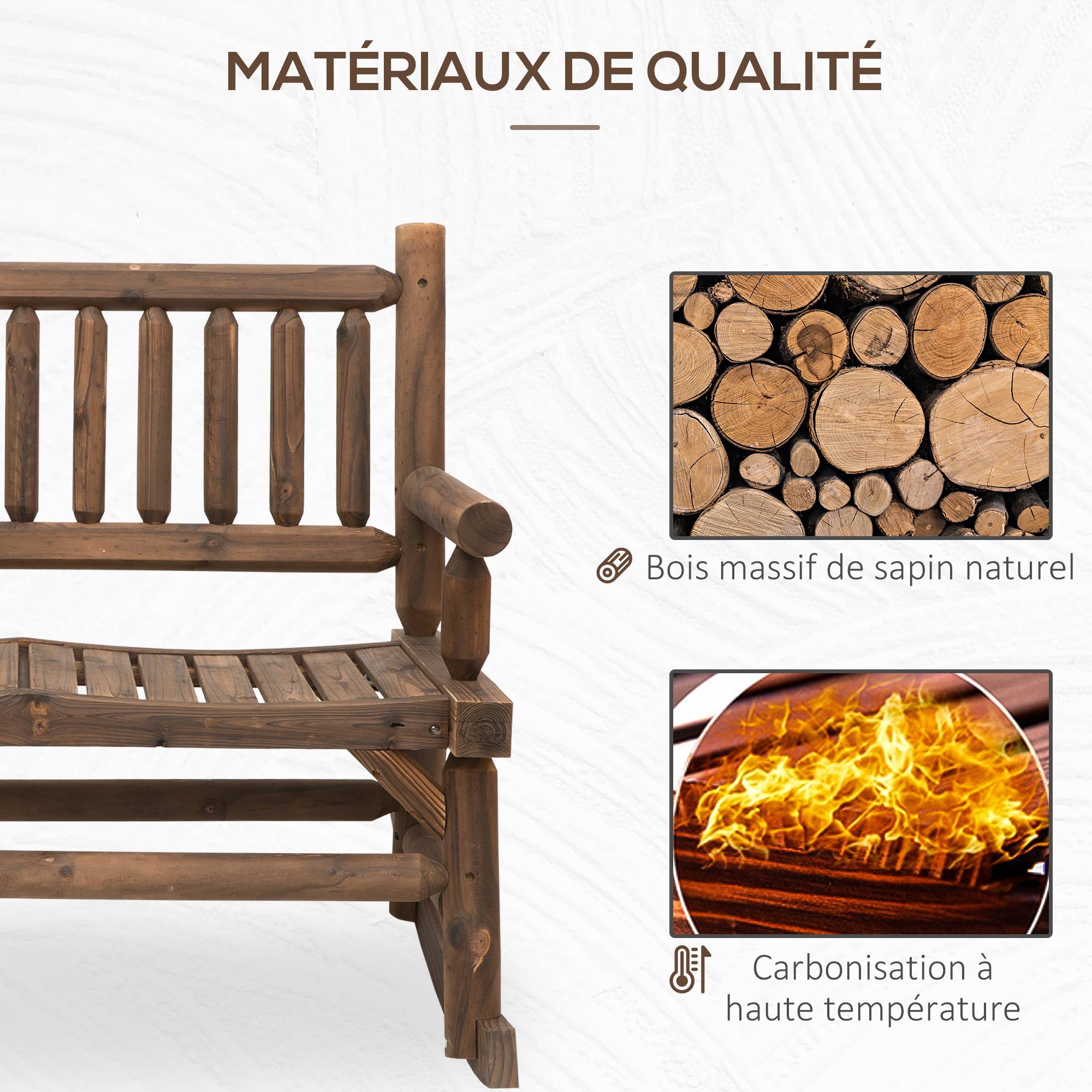Outsunny - Banc à bascule de jardin 2 places style rural chic dossier accoudoirs aspect rondins de bois assise à lattes sapin traité carbonisation - Outsunny - Imagen 6