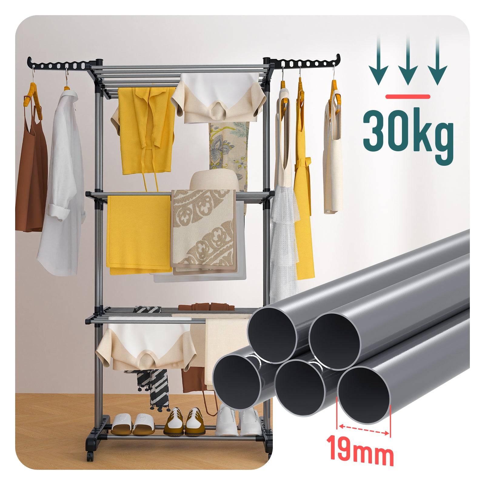 Vounot - Étendoir à linge pliable 126x63x170cm, Séchoir 4 niveaux grande capacité avec roulettes, Noir gris, VOUNOT® - Image 7