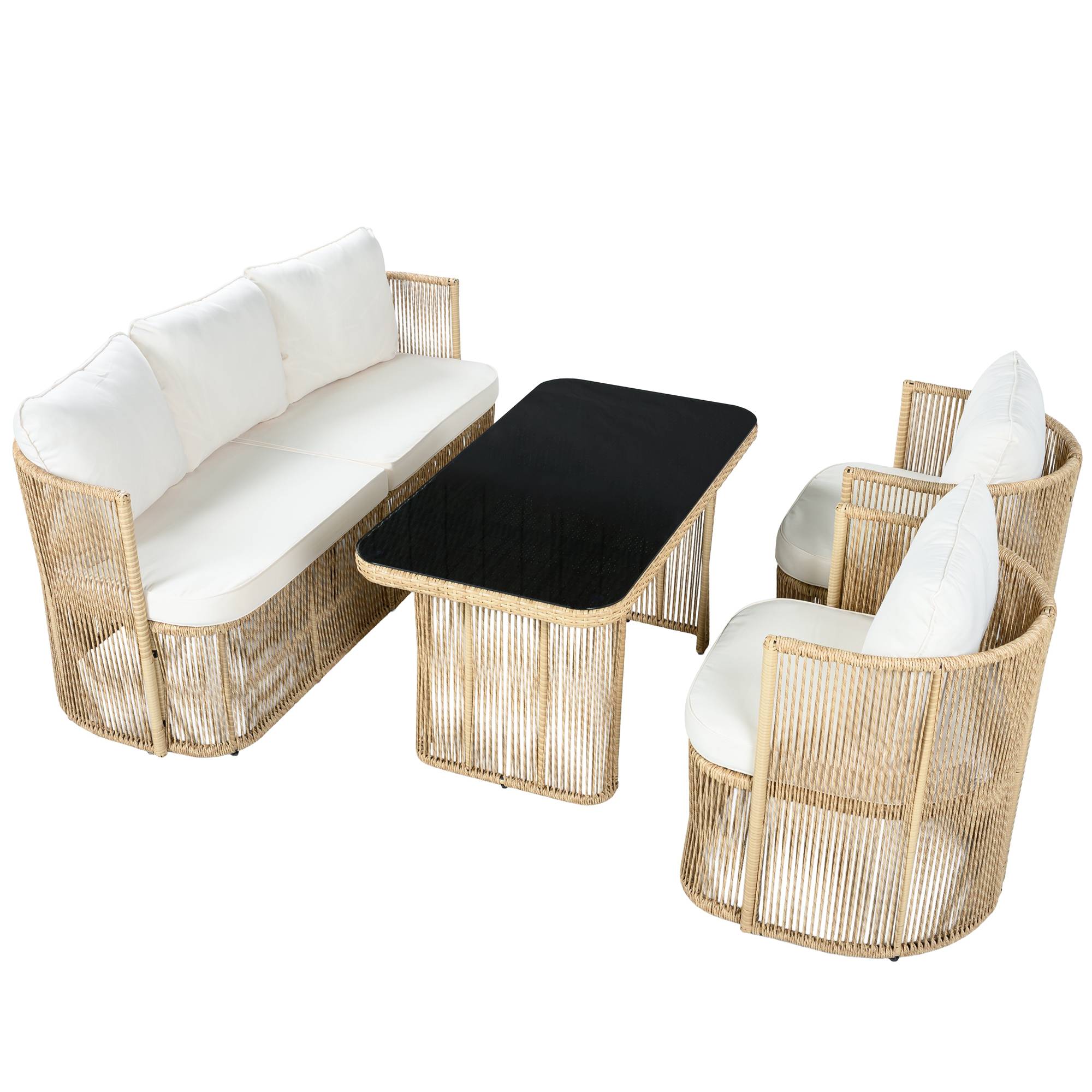 Salon de jardin 5 places résine tressée terrasse extérieur table verre beige noir - ComfortXL Outdoor Living - Image 2