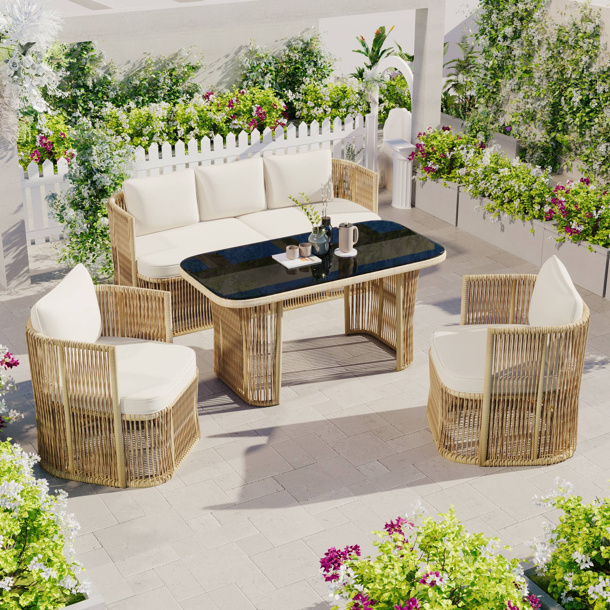 Salon de jardin 5 places résine tressée terrasse extérieur table verre beige noir - ComfortXL Outdoor Living - Image 10