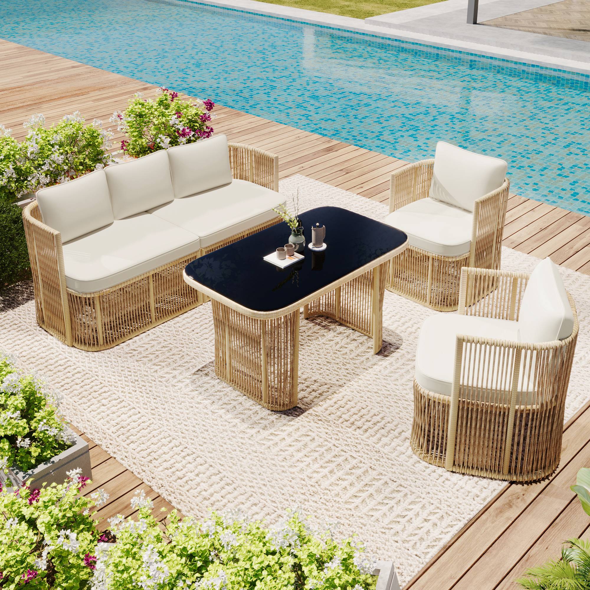 Salon de jardin 5 places résine tressée terrasse extérieur table verre beige noir - ComfortXL Outdoor Living - Image 1