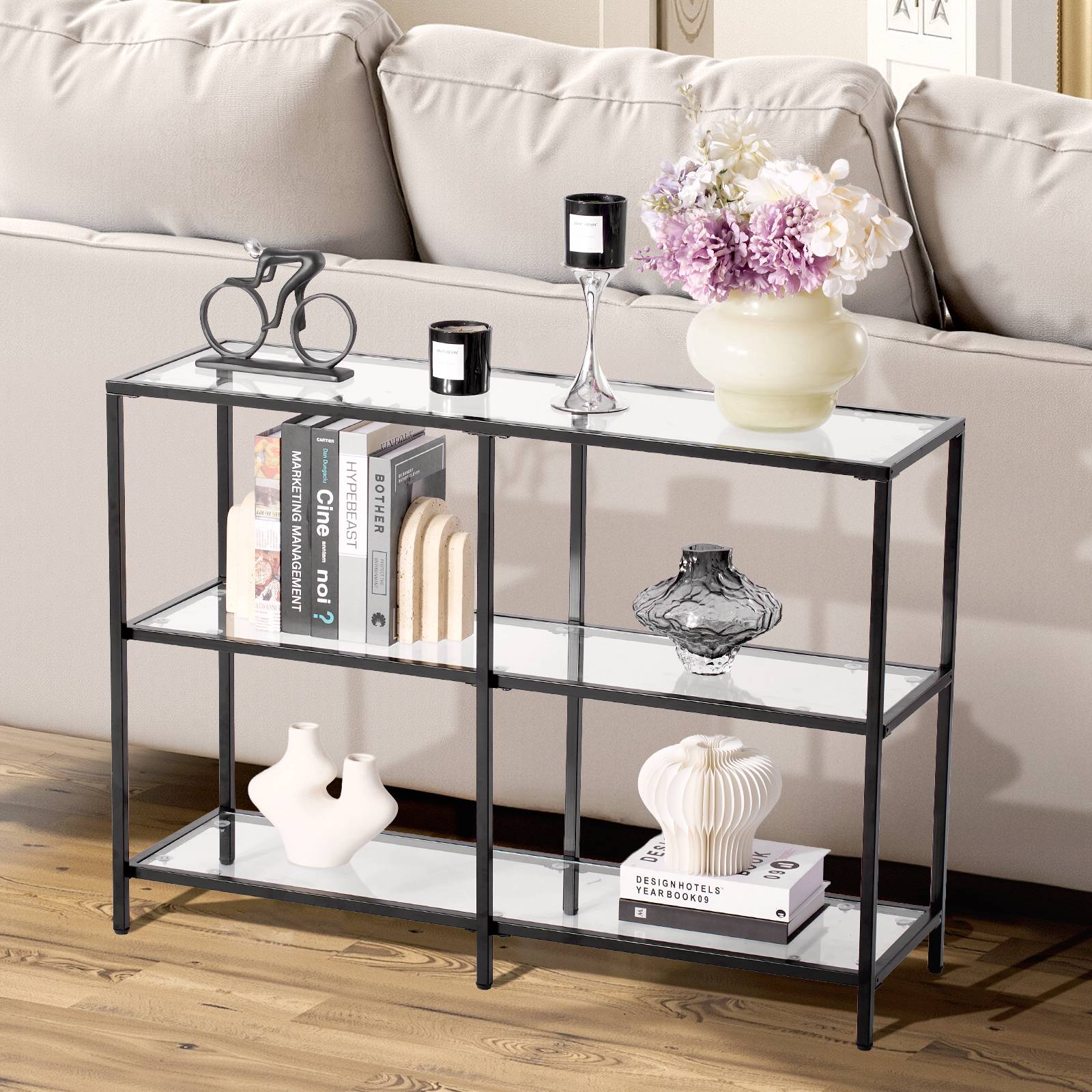 VEVOR Table console verre 3 niveaux, rectangulaire, moderne, noir. - Image 8