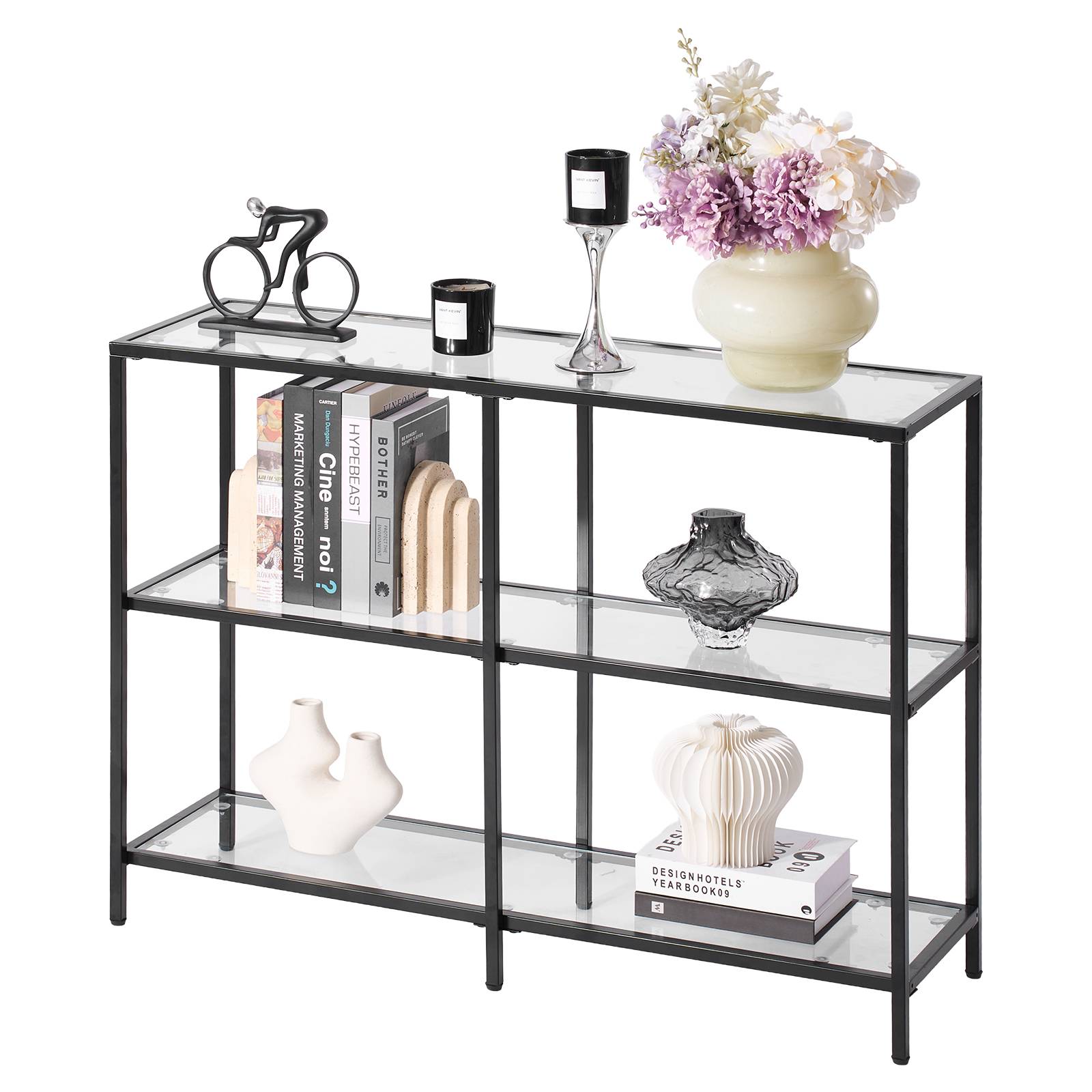 VEVOR Table console verre 3 niveaux, rectangulaire, moderne, noir. - Image 1