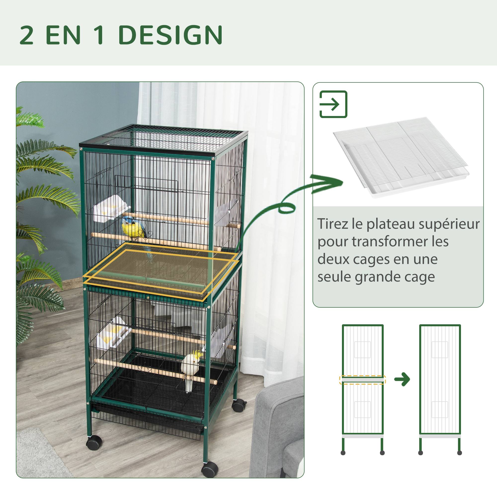Grande volière double oiseaux acier sur roulettes plateau 51x50x140cm vert - ComfortXL Outdoor Living - Image 6