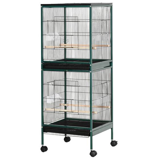 Grande volière double oiseaux acier sur roulettes plateau 51x50x140cm vert - ComfortXL Outdoor Living - Image 2