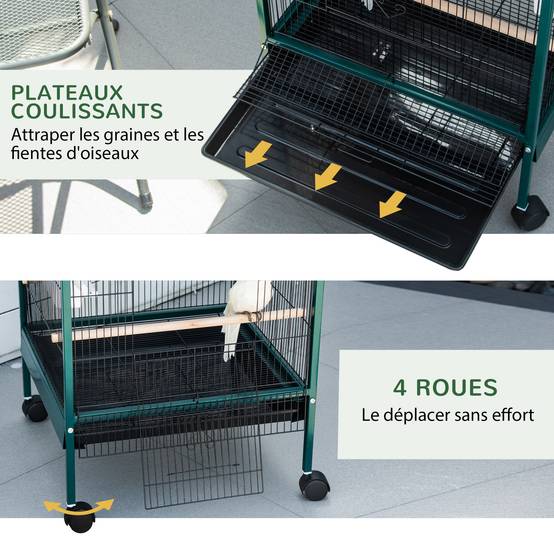 Grande volière double oiseaux acier sur roulettes plateau 51x50x140cm vert - ComfortXL Outdoor Living - Image 8