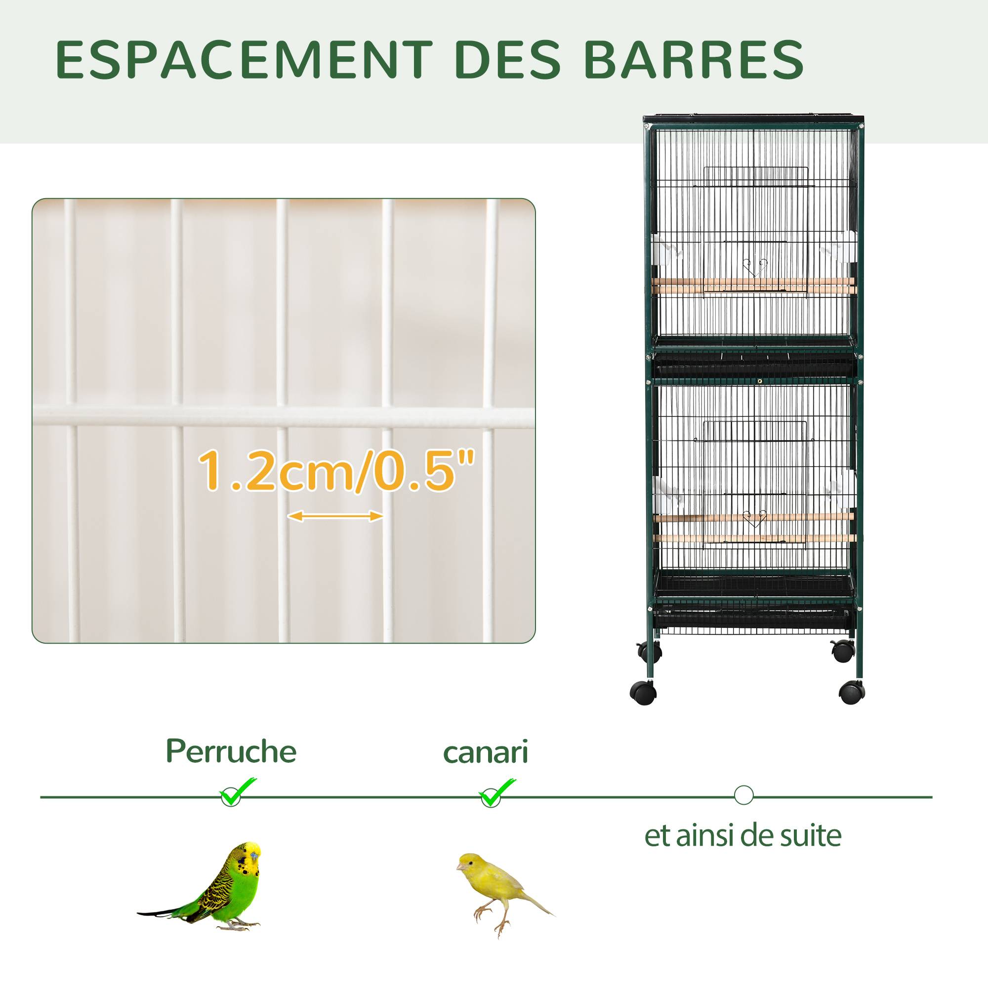 Grande volière double oiseaux acier sur roulettes plateau 51x50x140cm vert - ComfortXL Outdoor Living - Image 9