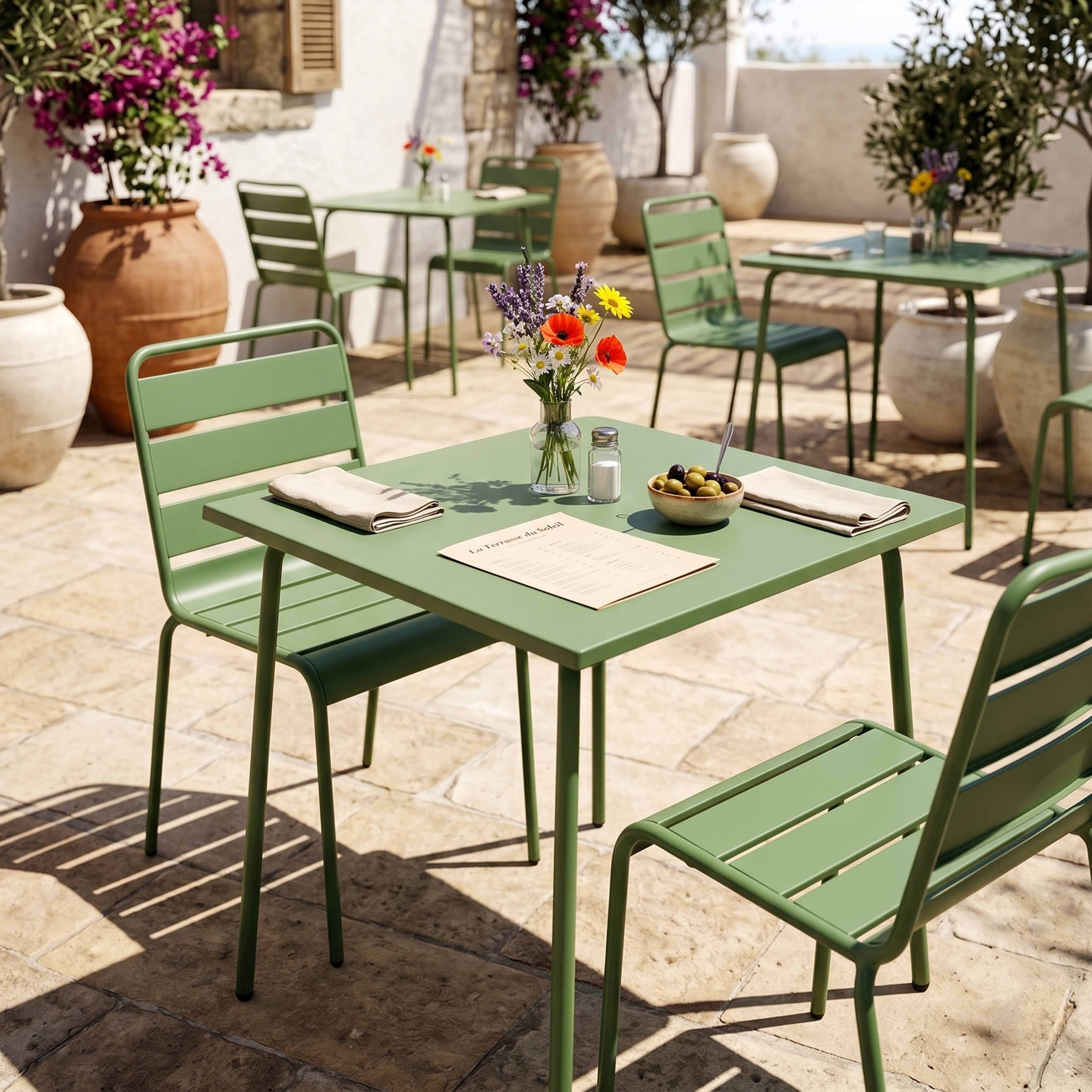 Oviala - Ensemble table de jardin carrée et 2 chaises acier vert cactus Palavas - Oviala - Imagen 6