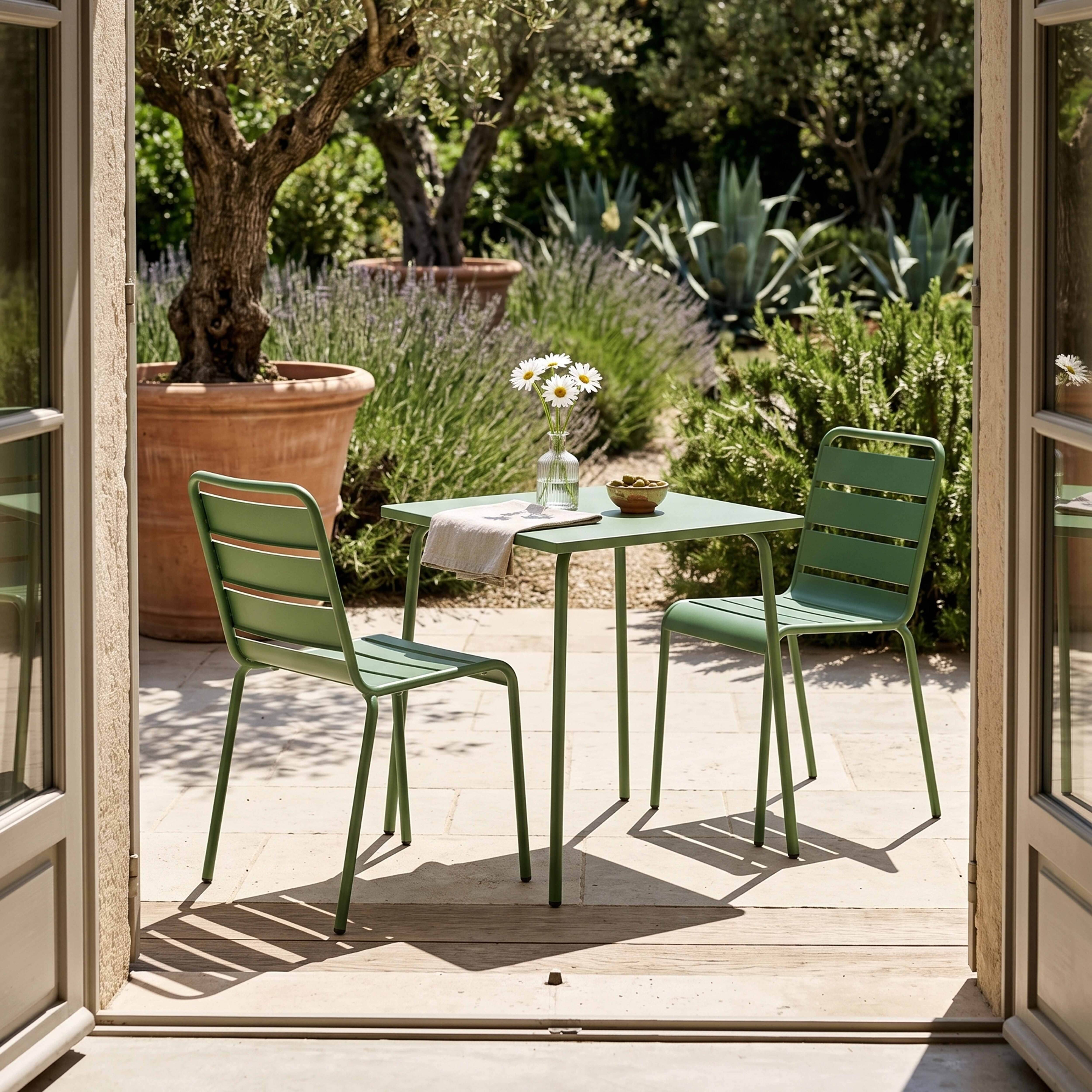 Oviala - Ensemble table de jardin carrée et 2 chaises acier vert cactus Palavas - Oviala - Imagen 2