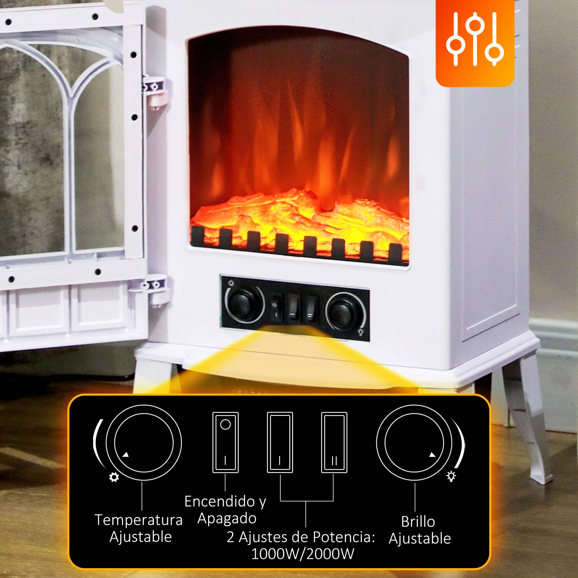 Cheminée électrique 1000W/2000W effet flamme température réglable et protection anti-surchauffe 15-30 m² blanc - Image 7