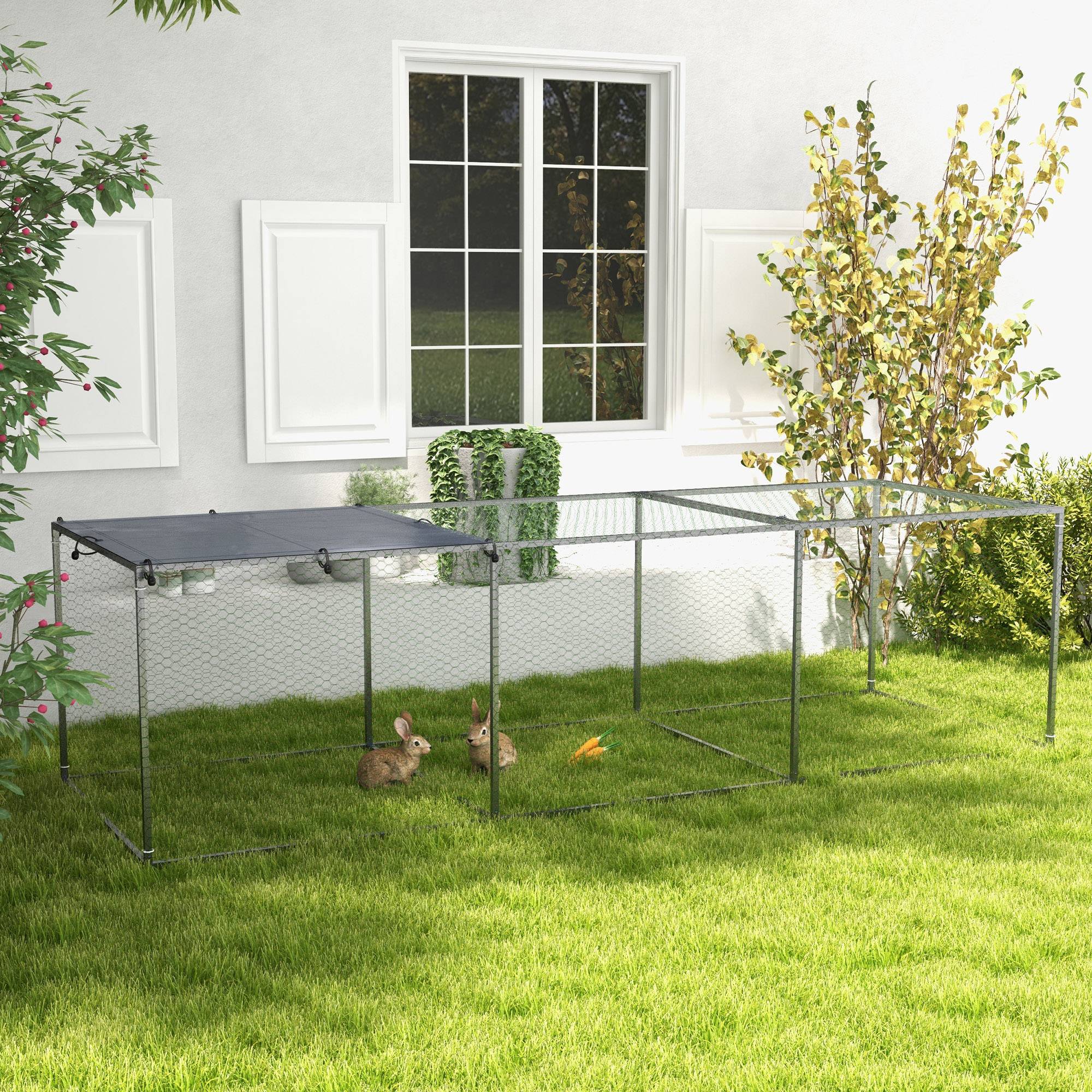 Enclos extérieur acier galvanisé poules lapins avec bâche anti-UV 296x100x80 cm argent - ComfortXL Outdoor Living - Image 4