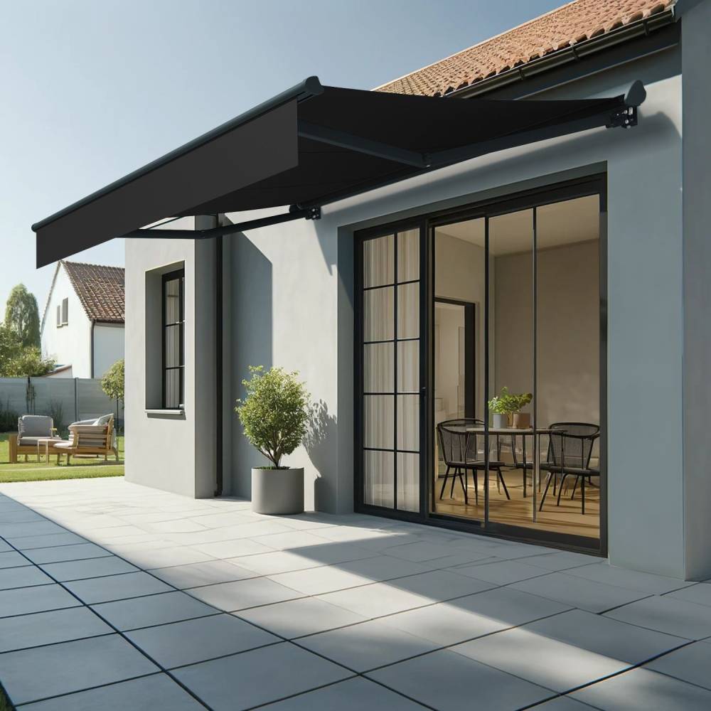 Store banne semi-coffre SARARI 3,00x2,00m (Motorisé à interrupteur + manœuvre de secours - Noir - Gris anthracite) - Alia Productions - Imagen 1