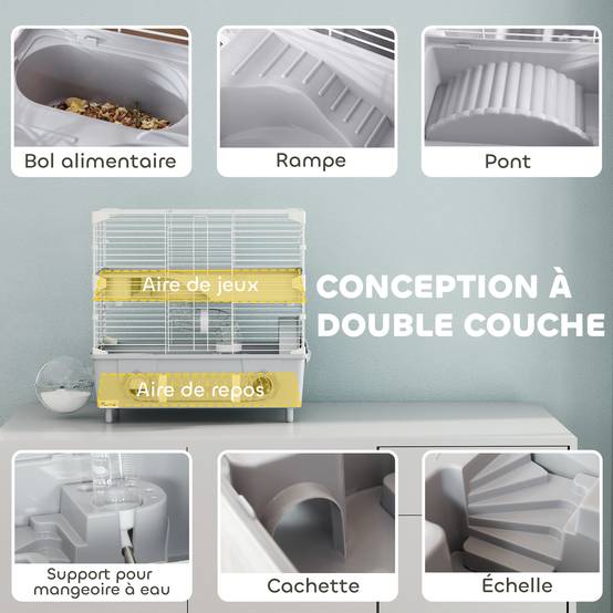 Cage hamster nain acier 2 niveaux accessoires ludiques ventilation 44x28x44cm gris - ComfortXL Outdoor Living - Image 6