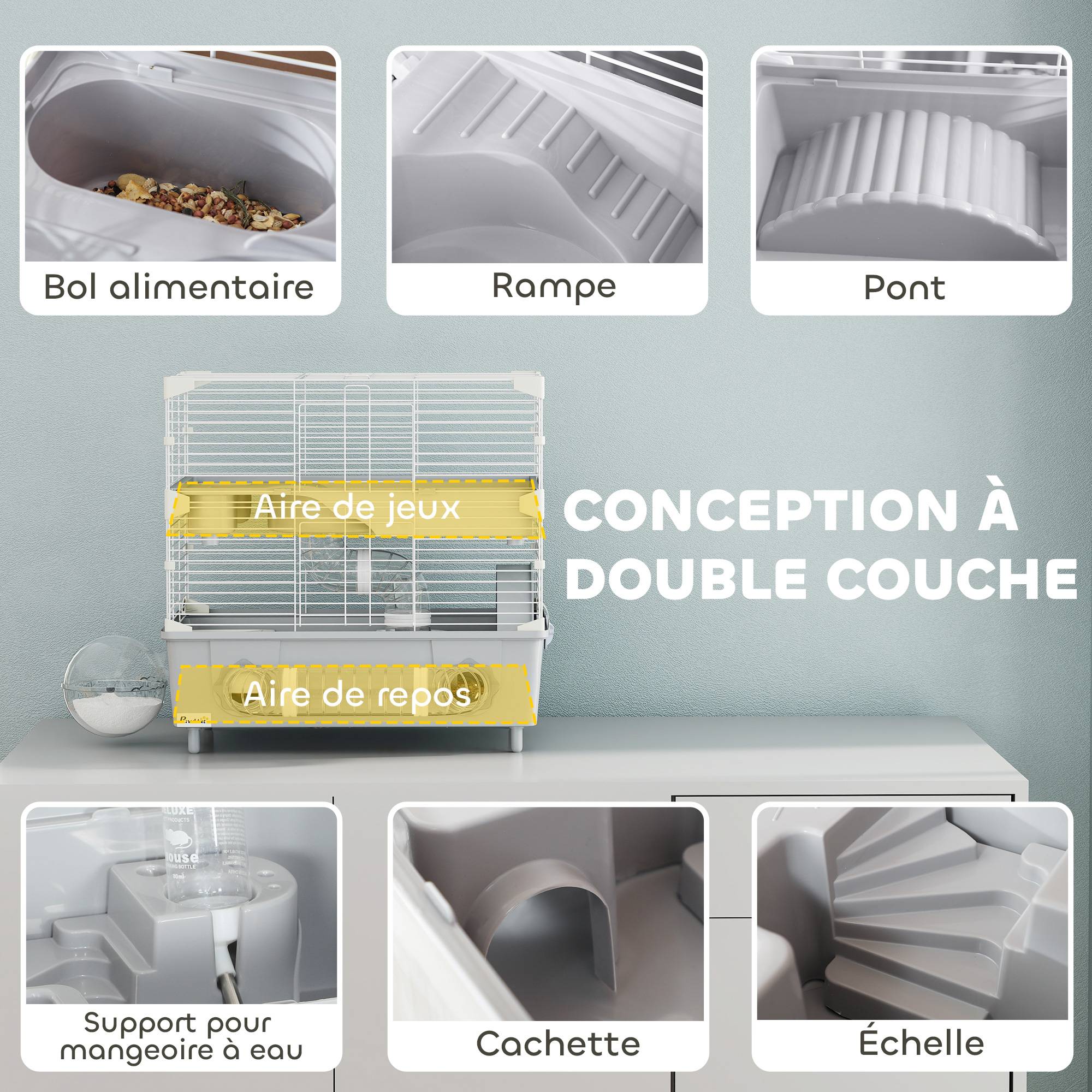 Cage hamster nain acier 2 niveaux accessoires ludiques ventilation 44x28x44cm gris - ComfortXL Outdoor Living - Image 6