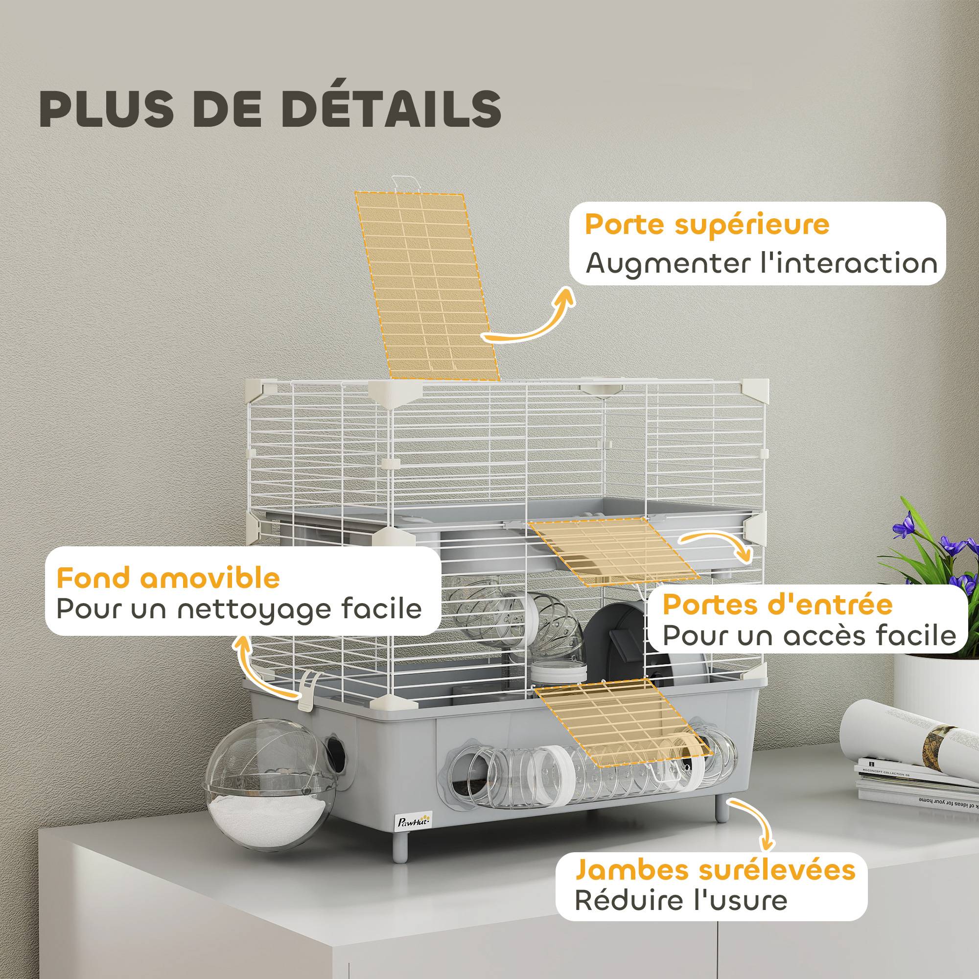 Cage hamster nain acier 2 niveaux accessoires ludiques ventilation 44x28x44cm gris - ComfortXL Outdoor Living - Image 8