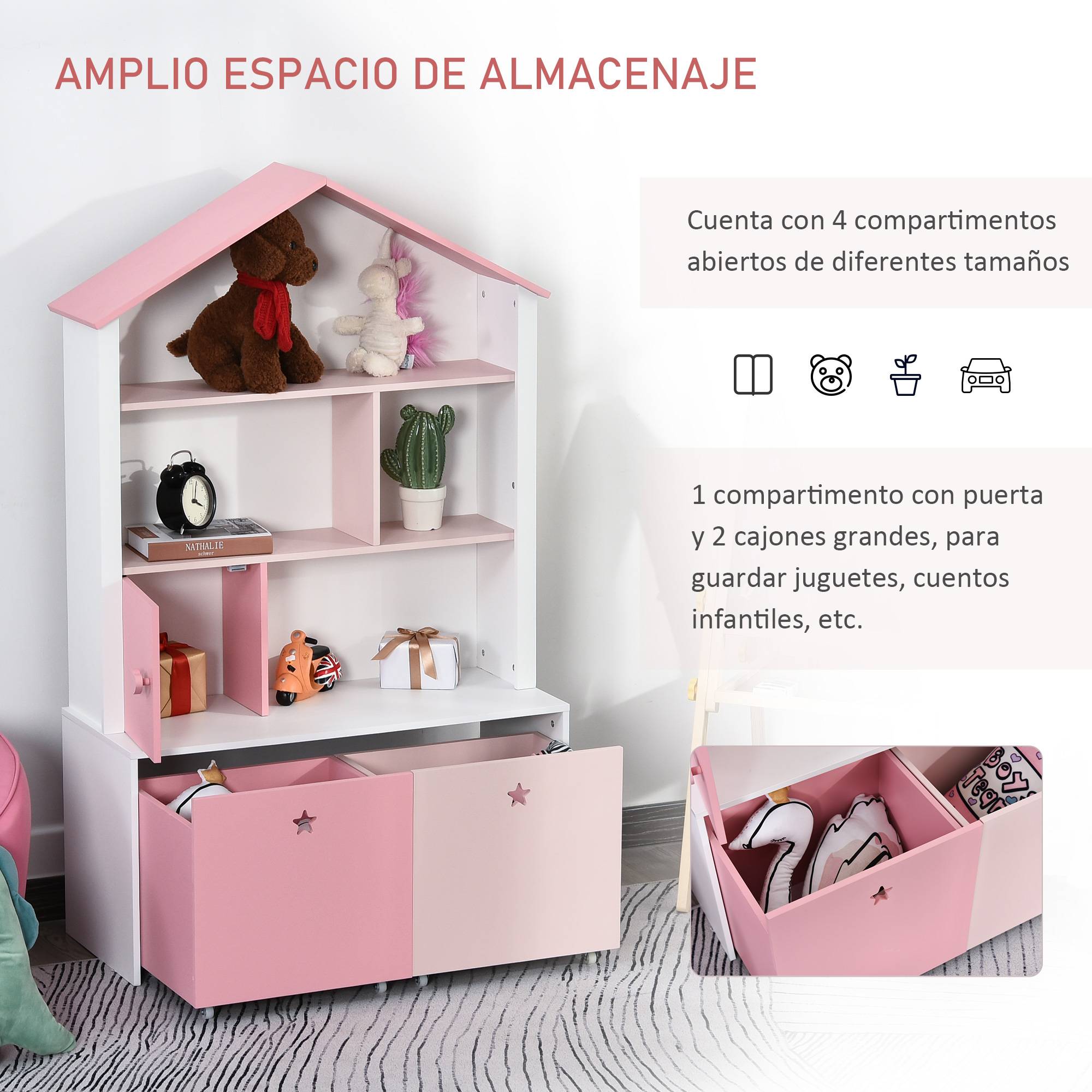 Bibliothèque en bois pour enfants, avec 4 compartiments, 1 porte et 2 tiroirs à roulettes pour livres et jouets, 80 x 34 x 130 cm, rose et blanc - Image 6
