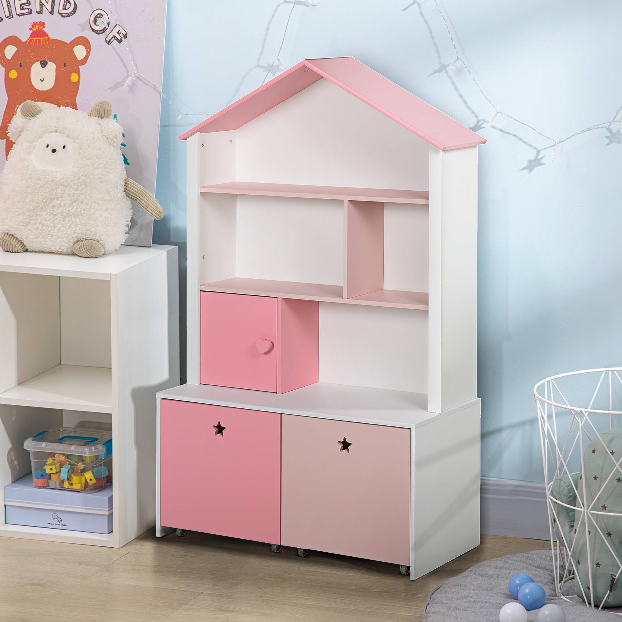 Bibliothèque en bois pour enfants, avec 4 compartiments, 1 porte et 2 tiroirs à roulettes pour livres et jouets, 80 x 34 x 130 cm, rose et blanc - Image 4