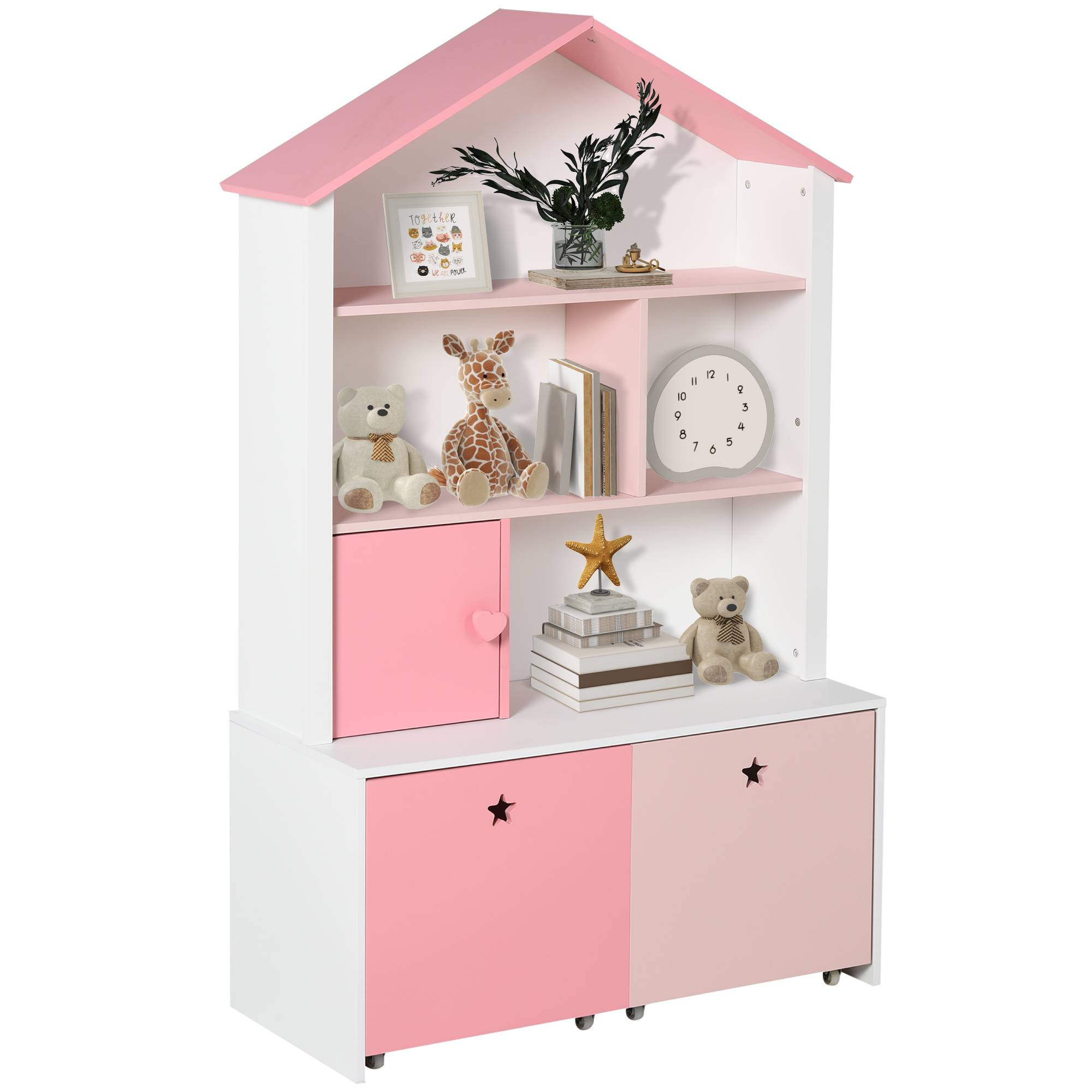 Bibliothèque en bois pour enfants, avec 4 compartiments, 1 porte et 2 tiroirs à roulettes pour livres et jouets, 80 x 34 x 130 cm, rose et blanc - Image 1