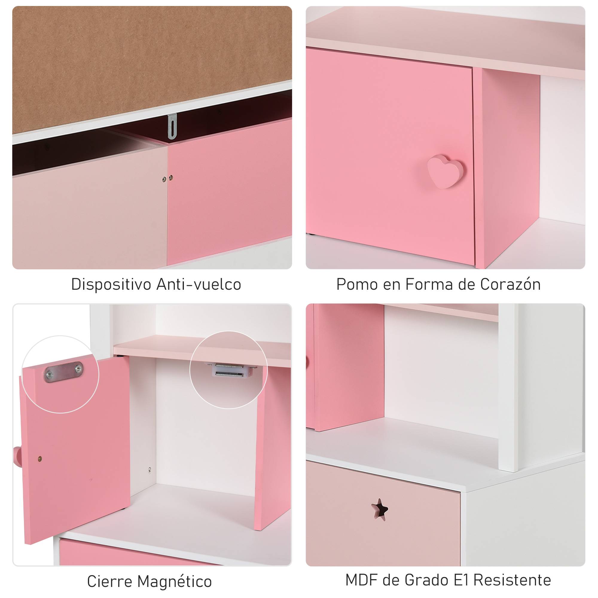 Bibliothèque en bois pour enfants, avec 4 compartiments, 1 porte et 2 tiroirs à roulettes pour livres et jouets, 80 x 34 x 130 cm, rose et blanc - Image 8