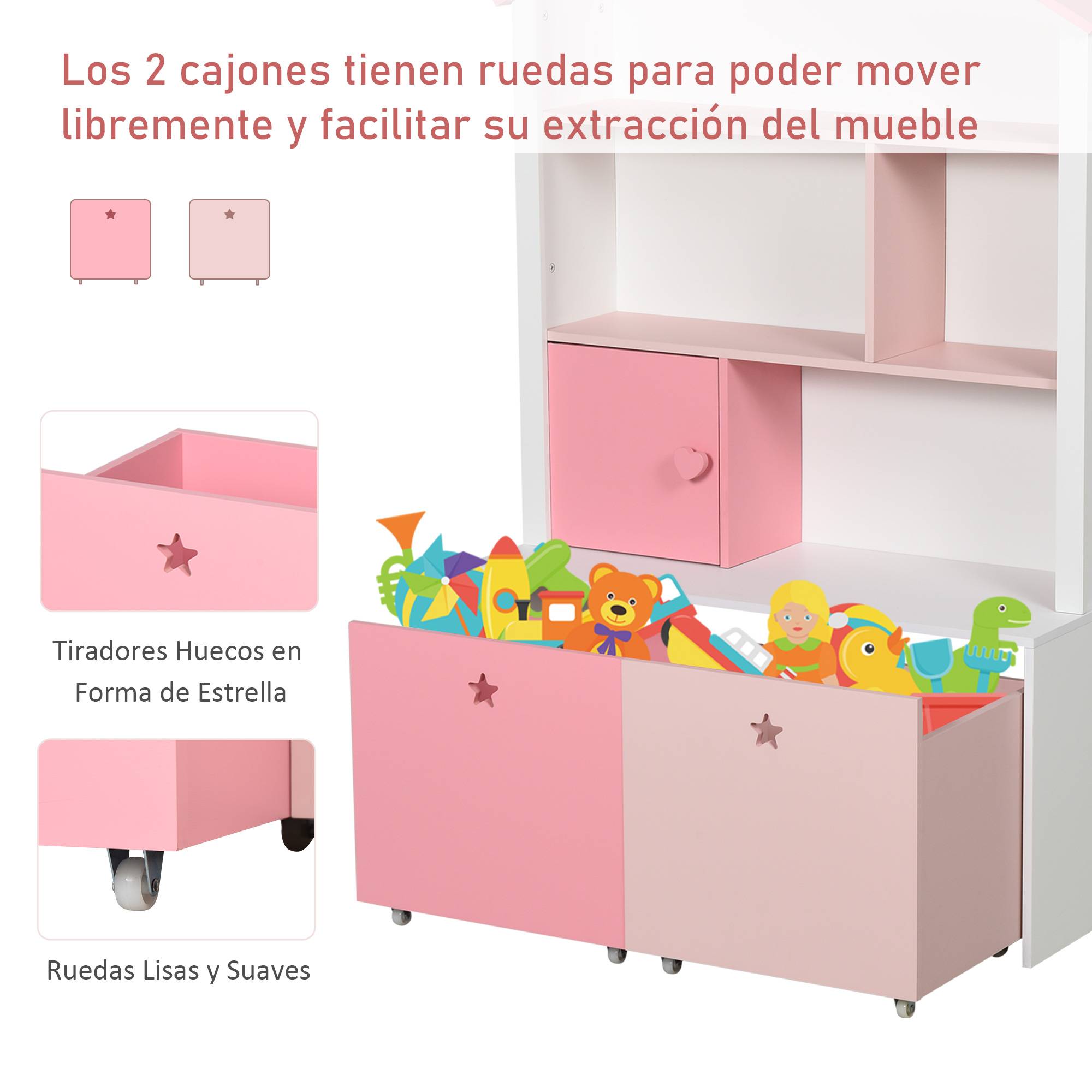 Bibliothèque en bois pour enfants, avec 4 compartiments, 1 porte et 2 tiroirs à roulettes pour livres et jouets, 80 x 34 x 130 cm, rose et blanc - Image 7