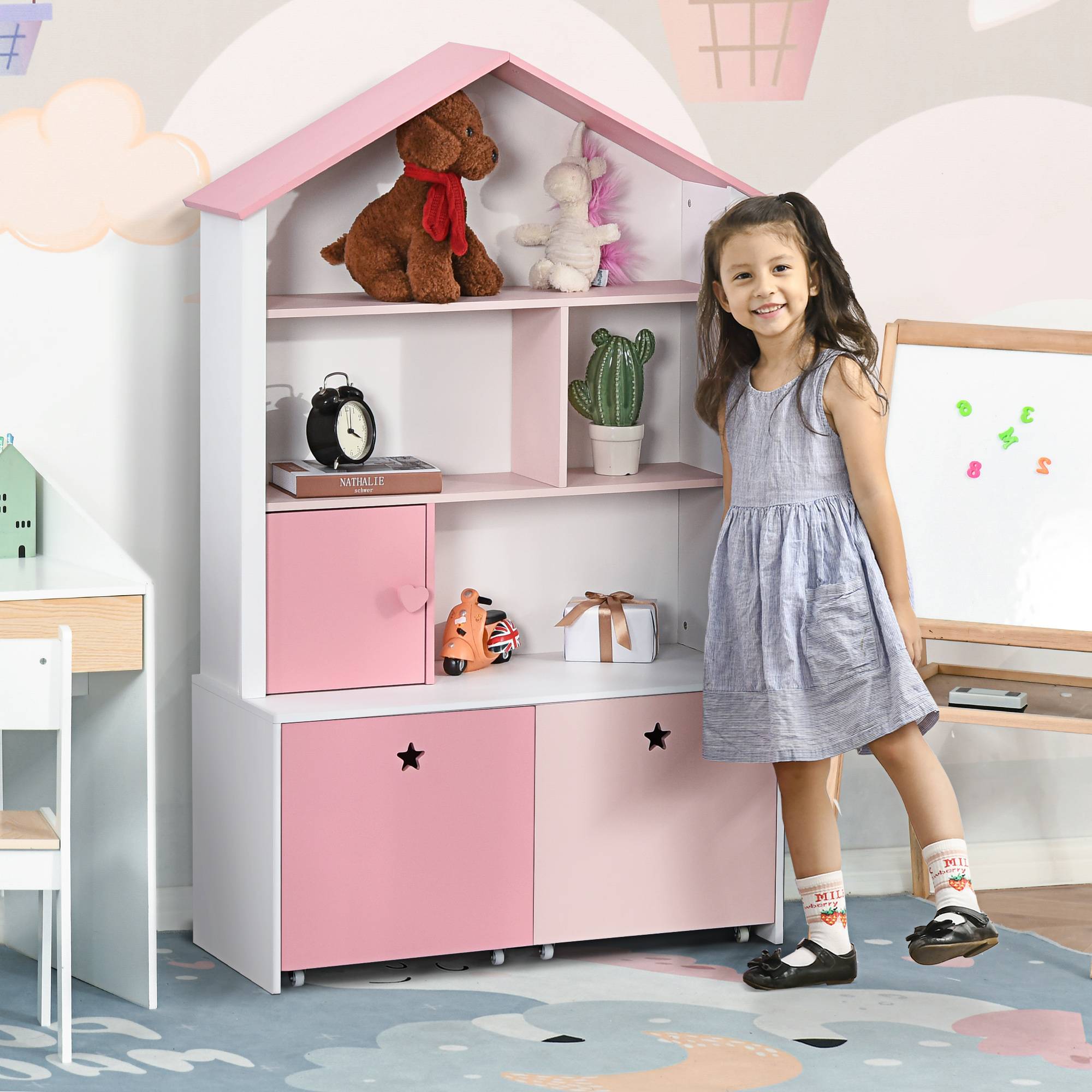 Bibliothèque en bois pour enfants, avec 4 compartiments, 1 porte et 2 tiroirs à roulettes pour livres et jouets, 80 x 34 x 130 cm, rose et blanc - Image 3