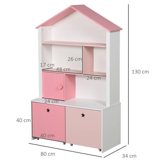 Bibliothèque en bois pour enfants, avec 4 compartiments, 1 porte et 2 tiroirs à roulettes pour livres et jouets, 80 x 34 x 130 cm, rose et blanc - Image 5