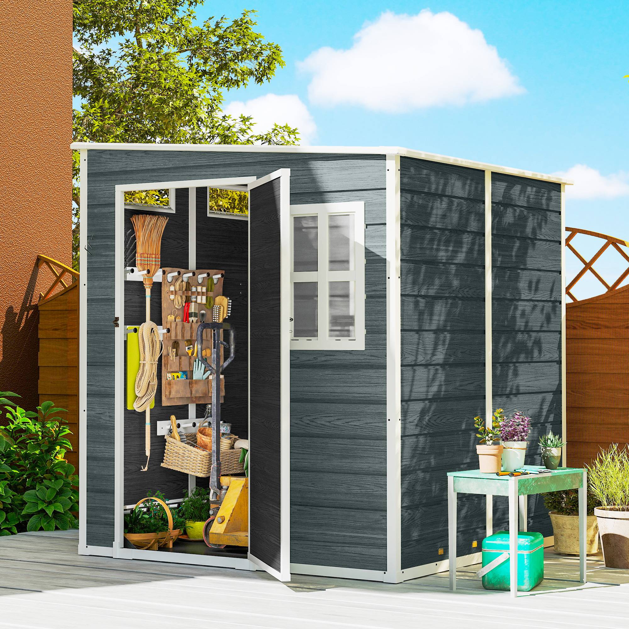 ComfortXL - Abri de jardin résine PP effet bois cadre aluminium 182x182x196cm gris lumineux - ComfortXL Outdoor Living - Image 3