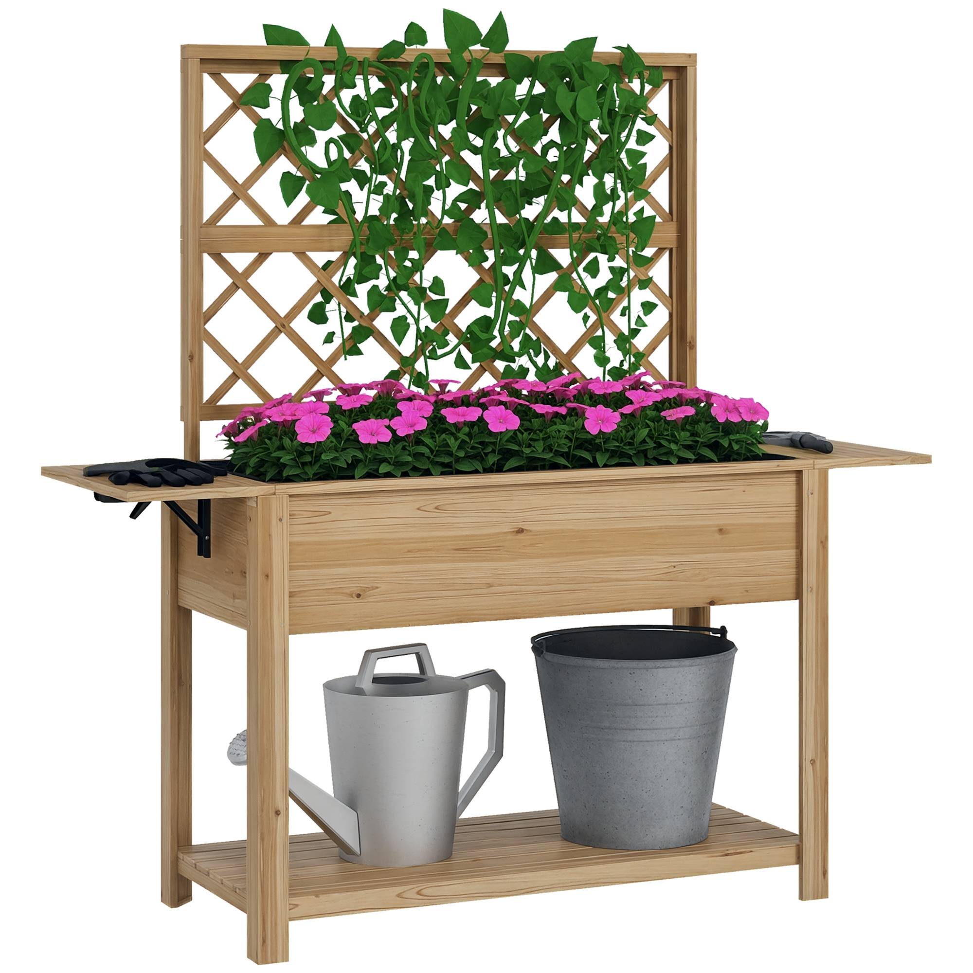 Jardinière rectangulaire sur pieds avec treillis 2 tablettes latérales rabattables 1 étagère inférieure bois