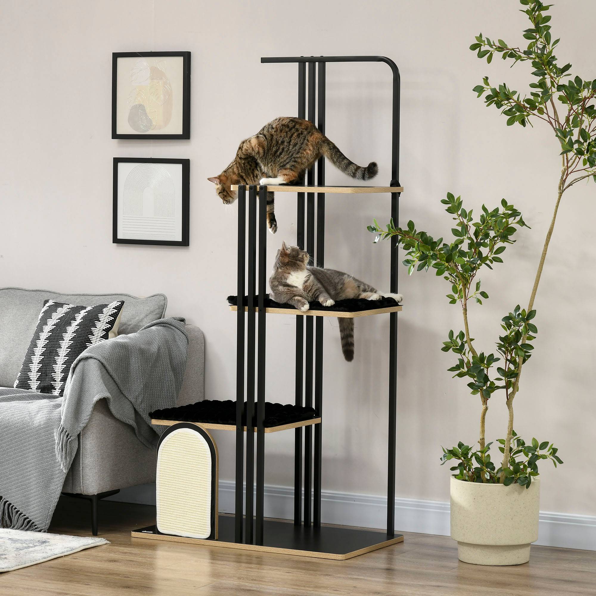 Arbre à chat design industriel, 3 plateformes, 2 coussins, acier, noir, 85 x 48 x 170 cm - Image 3