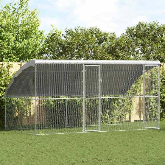 Enclos à poules 4x2m acier galvanisé avec toit étanche pour jardin Argent – ComfortXL Outdoor Living - Image 1