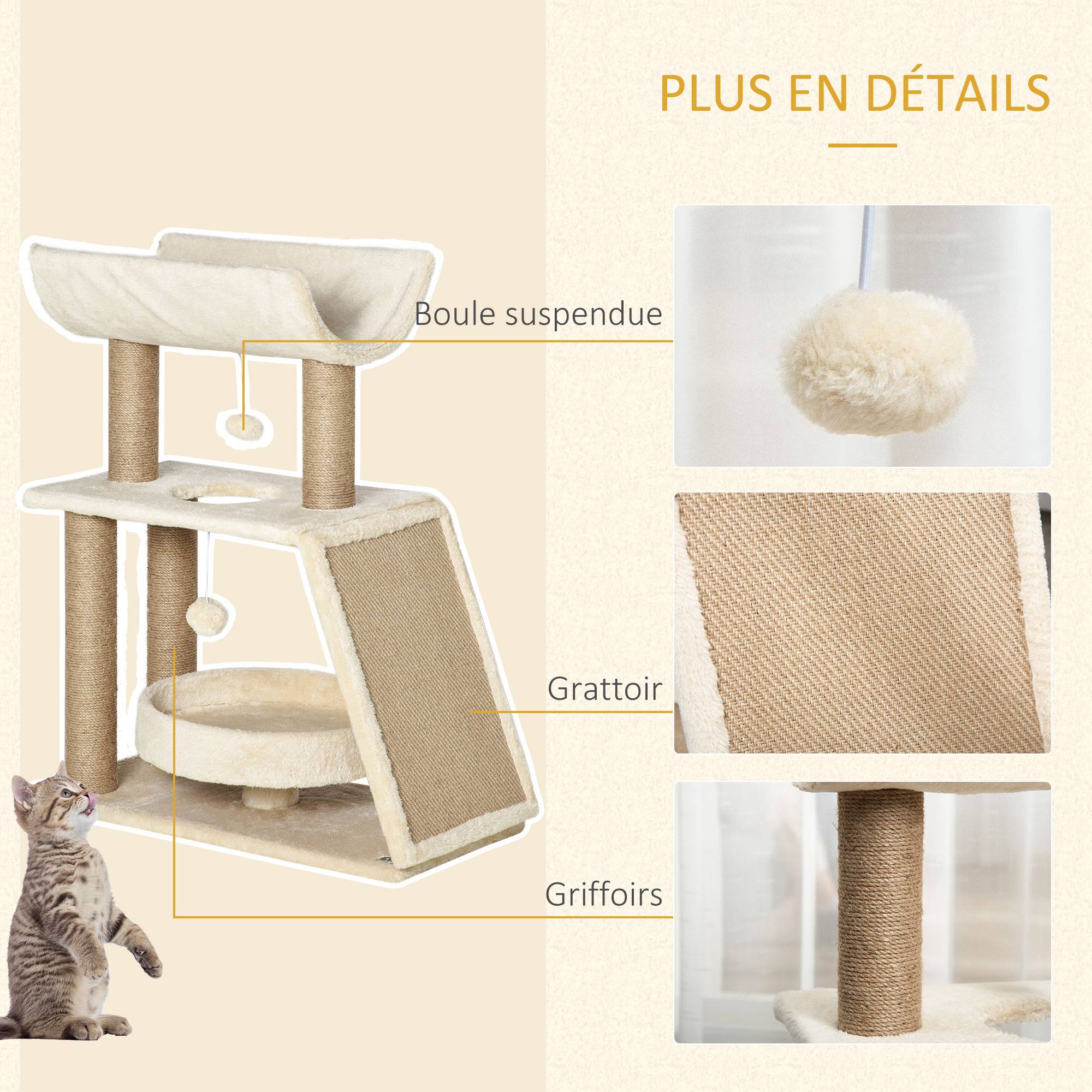 Arbre à chat design bois et peluche pour salon repos et grattage 60x30x76cm brun - ComfortXL Outdoor Living - Image 8