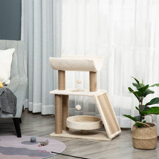 Arbre à chat design bois et peluche pour salon repos et grattage 60x30x76cm brun - ComfortXL Outdoor Living - Image 4