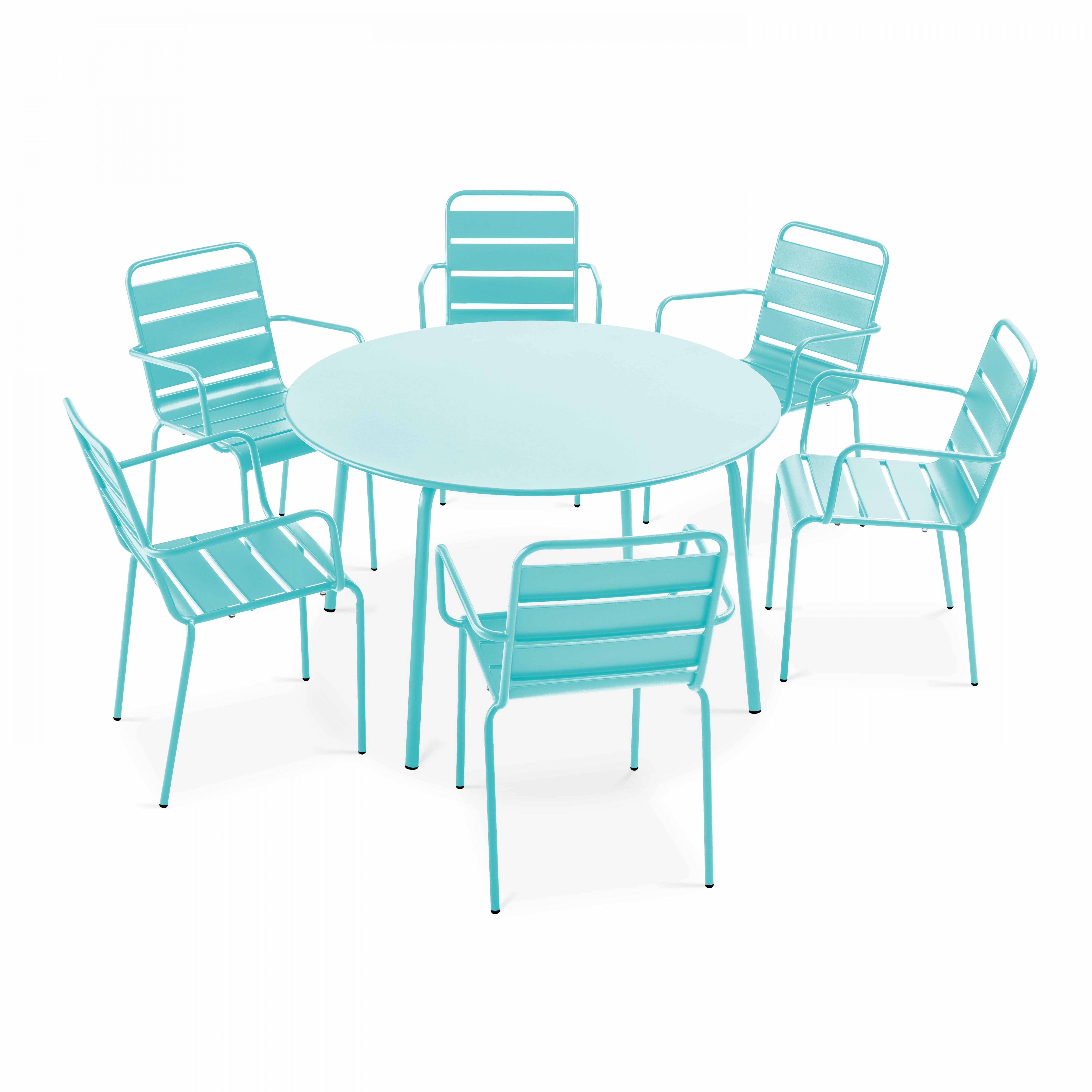 Oviala - Ensemble table de jardin ronde et 6 fauteuils acier turquoise Palavas - Oviala - Imagen 1