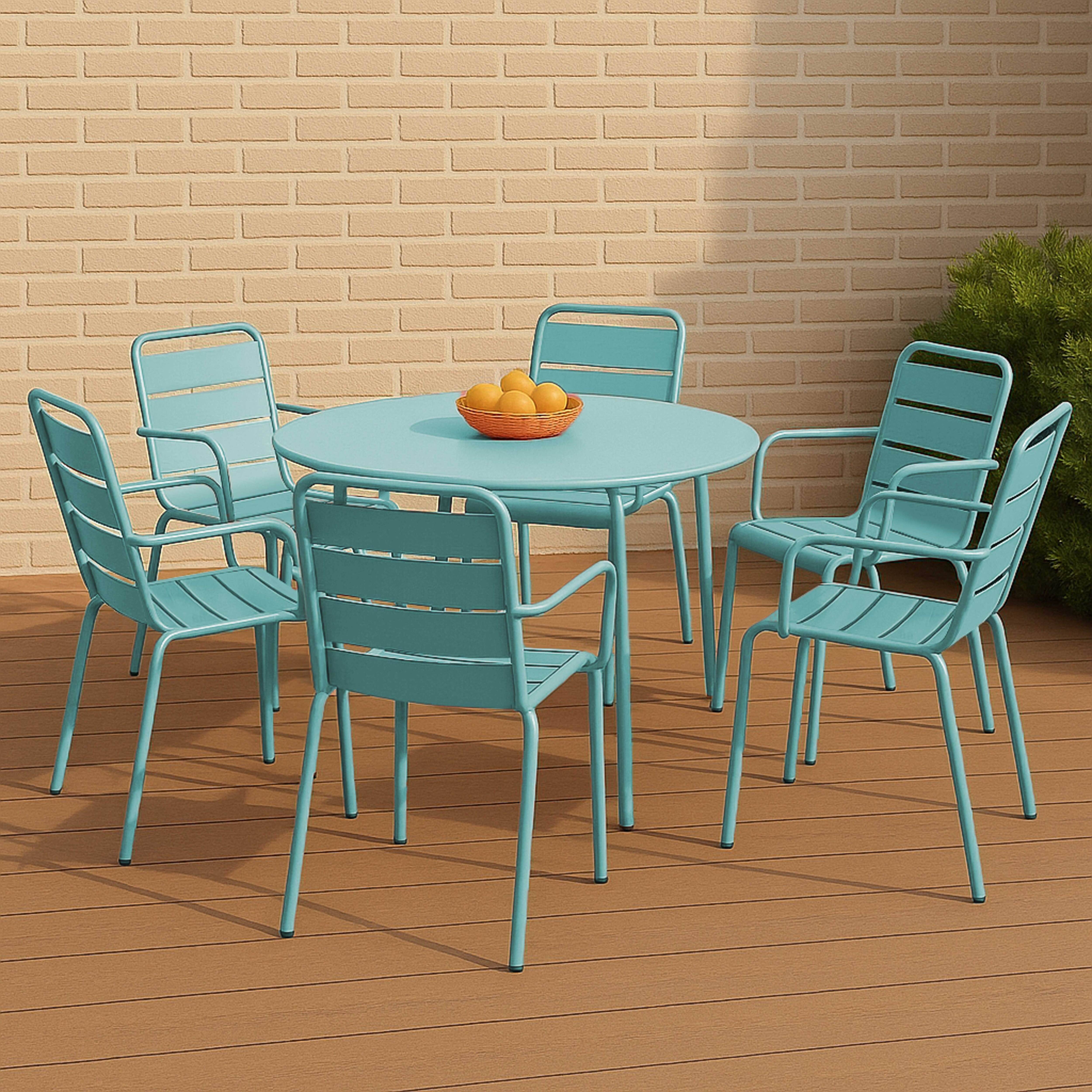 Oviala - Ensemble table de jardin ronde et 6 fauteuils acier turquoise Palavas - Oviala - Imagen 2