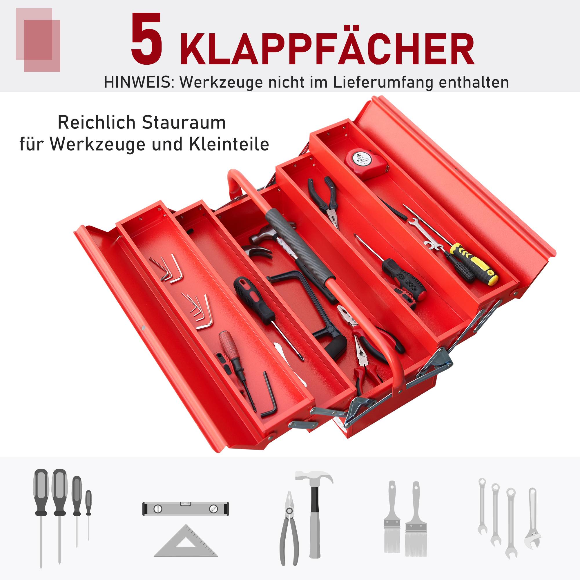 Sans Marque - Boîte à outils boîte à outils 5 compartiments à charnières en acier (SPCC) rouge 56 x 20 x 41 cm - Image 7