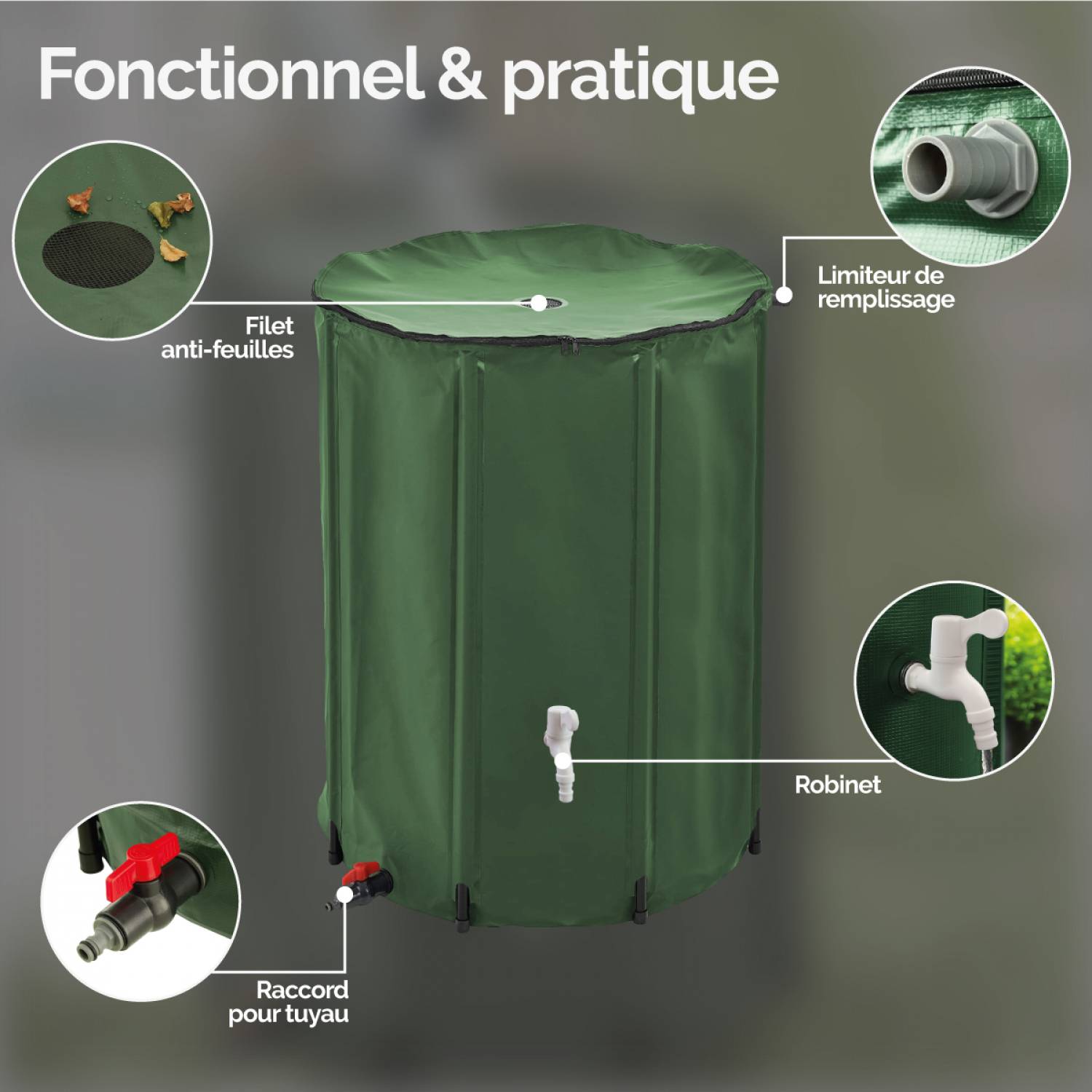 Réservoir souple, récupérateur d'eau de pluie pliable - 500 L - Vert - Linxor - Image 3