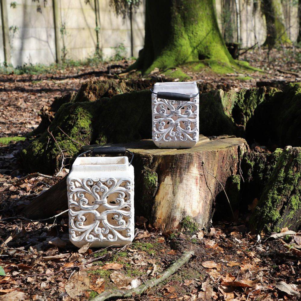 Lanterne extérieur jardin à poser bougie ancienne béton crème 24cm Chemin de campagne - Imagen 2
