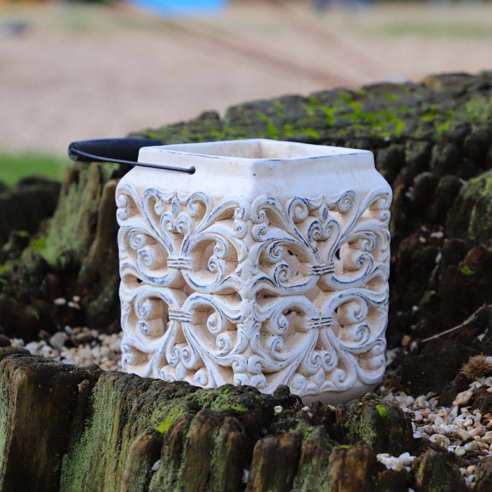 Lanterne extérieur jardin à poser bougie ancienne béton crème 24cm Chemin de campagne - Imagen 3