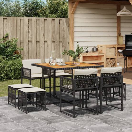 ComfortXL - Salon de Jardin Encastrable 8 Personnes Résine Tressée Noire, Table Bois et Coussins Crème – ComfortXL Outdoor Living - Image 1