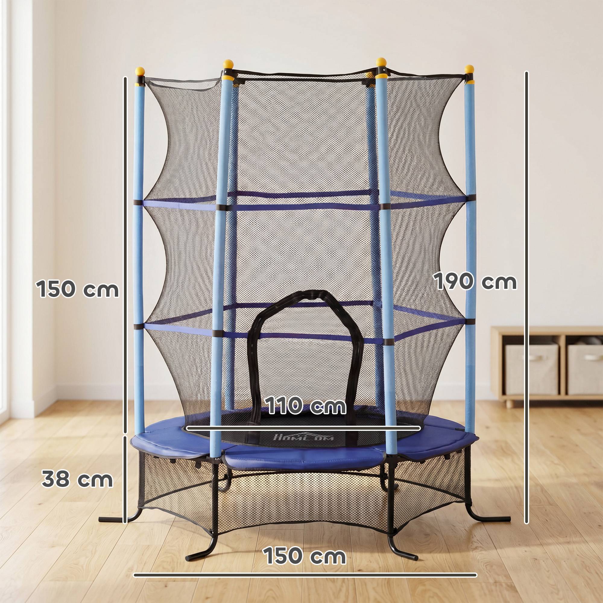 Trampoline Enfant Ø 1,63 × 1,9H m Filet de sécurité Porte zipée Couvre-Ressorts 6 poteaux rembourrés Inclus Bleu - Image 5