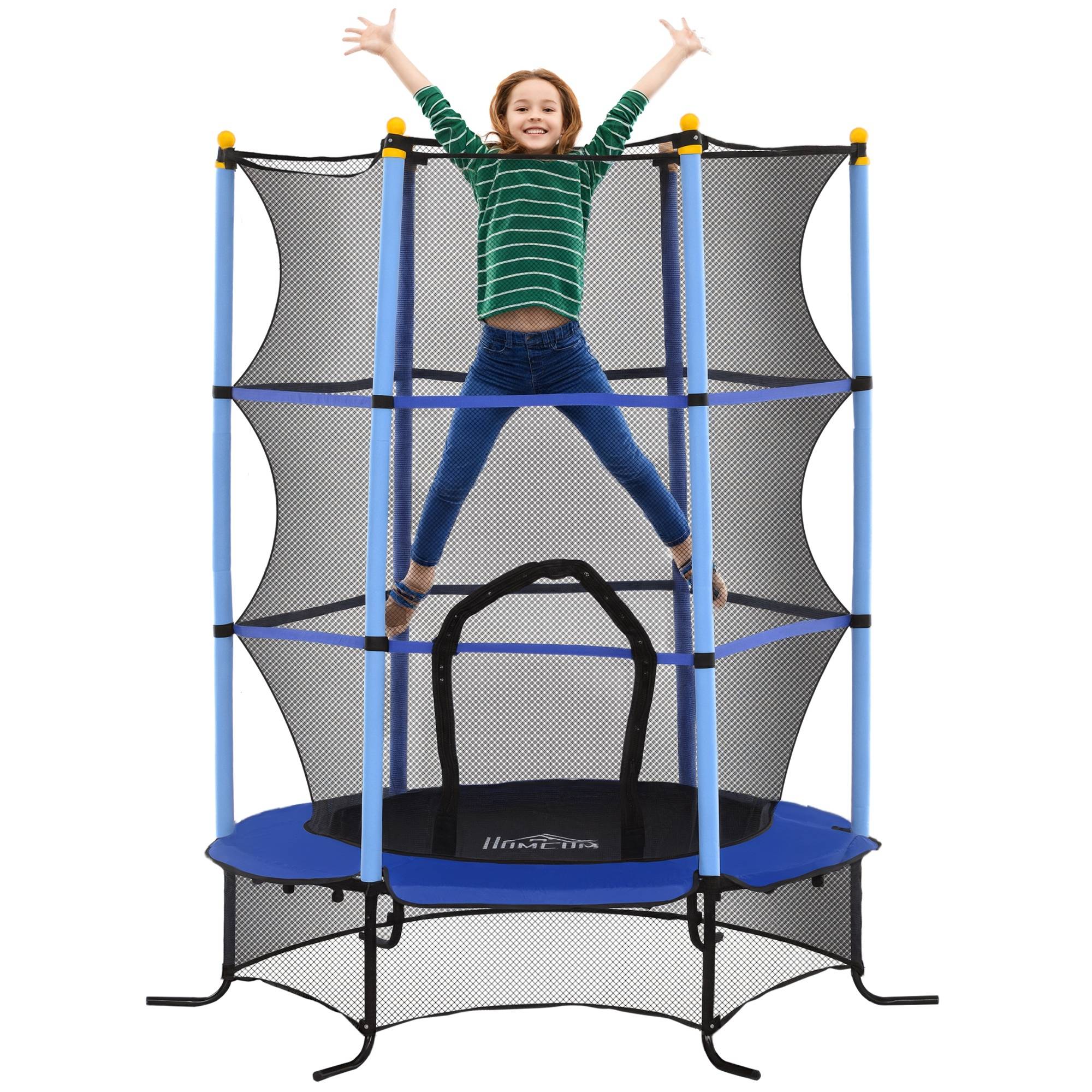 Trampoline Enfant Ø 1,63 × 1,9H m Filet de sécurité Porte zipée Couvre-Ressorts 6 poteaux rembourrés Inclus Bleu