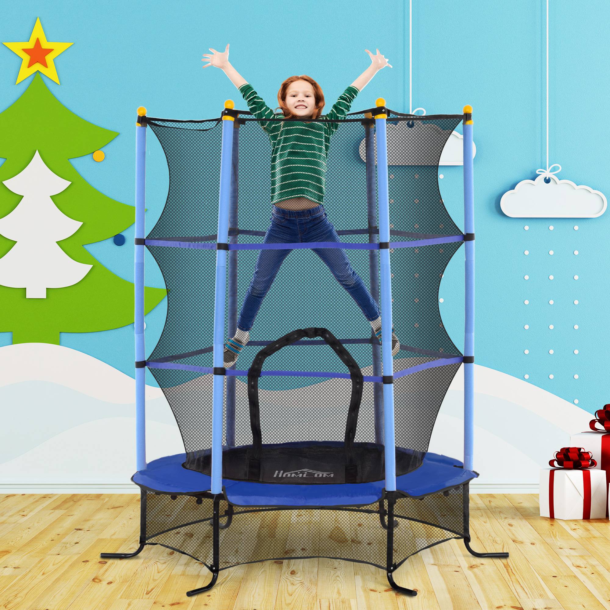 Trampoline Enfant Ø 1,63 × 1,9H m Filet de sécurité Porte zipée Couvre-Ressorts 6 poteaux rembourrés Inclus Bleu - Image 4