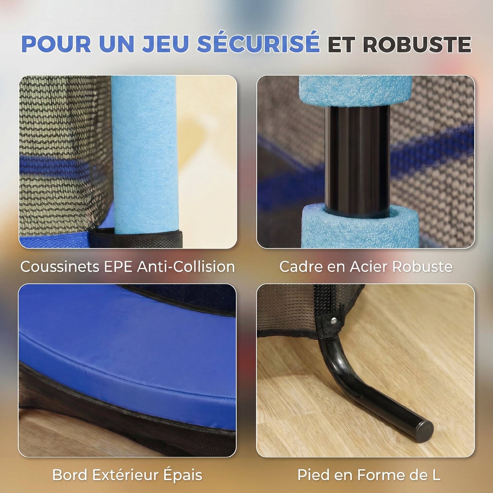 Trampoline Enfant Ø 1,63 × 1,9H m Filet de sécurité Porte zipée Couvre-Ressorts 6 poteaux rembourrés Inclus Bleu - Image 9
