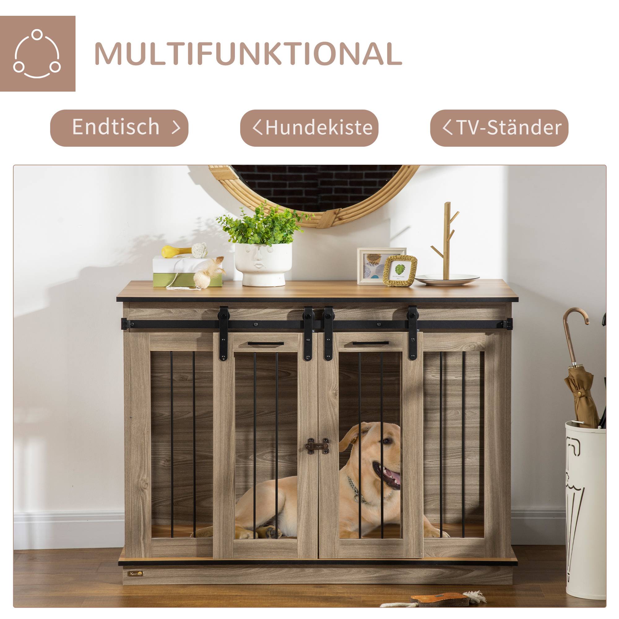 Cage pour chien bois chêne 120.00 x 60.00 x 88.50 cm - PANGIVO - Image 4